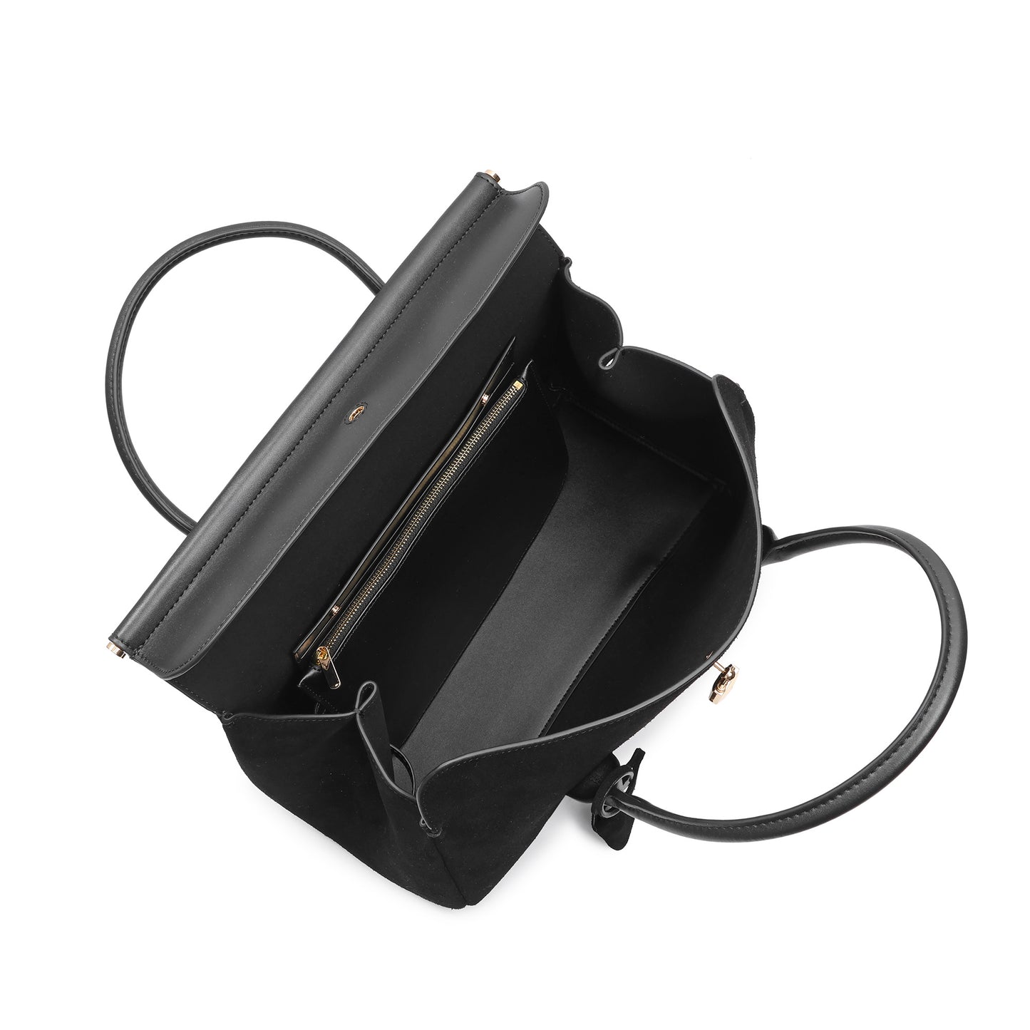 Suede and Leather Top Handle Satchel with Gold Lock Accent