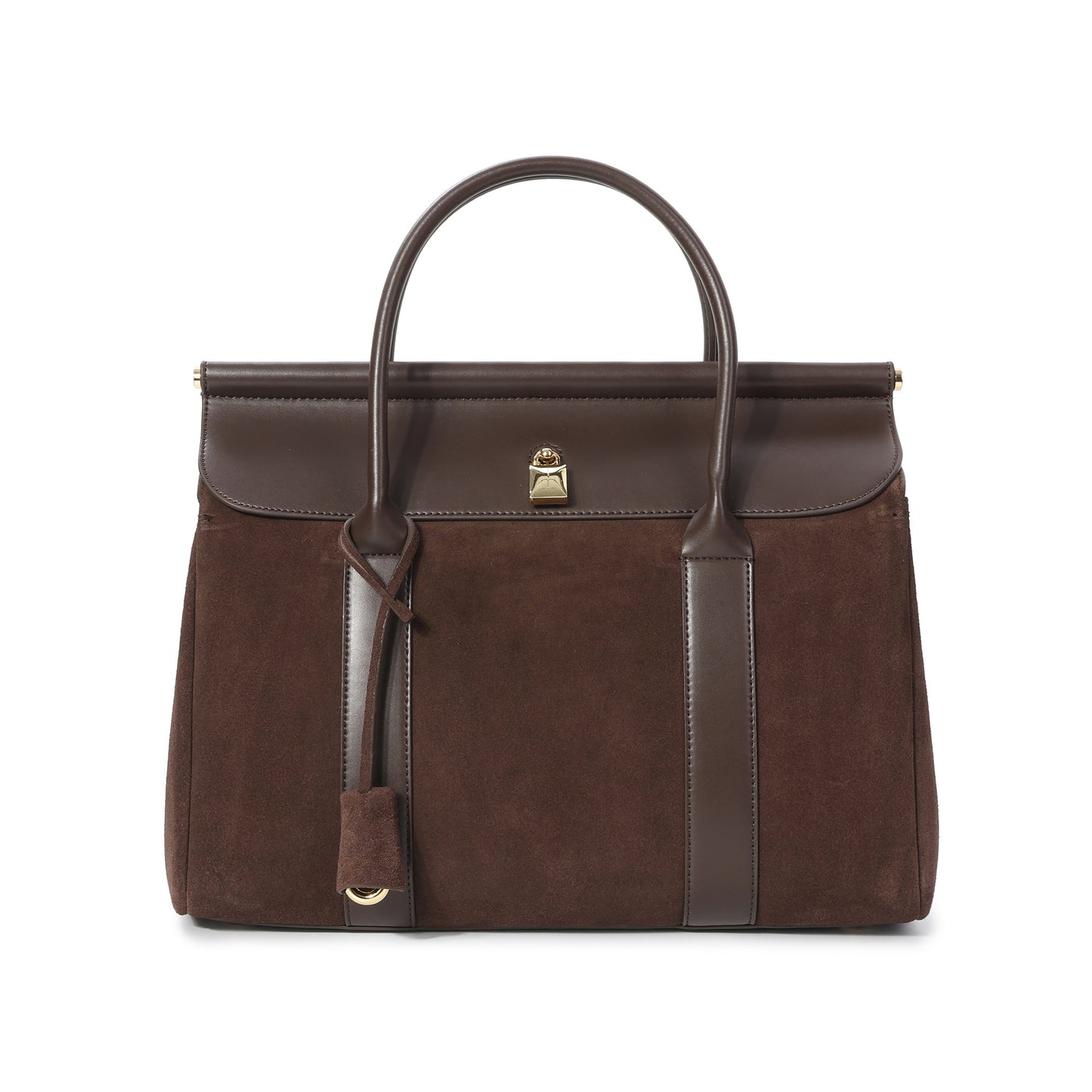 Suede and Leather Top Handle Satchel with Gold Lock Accent