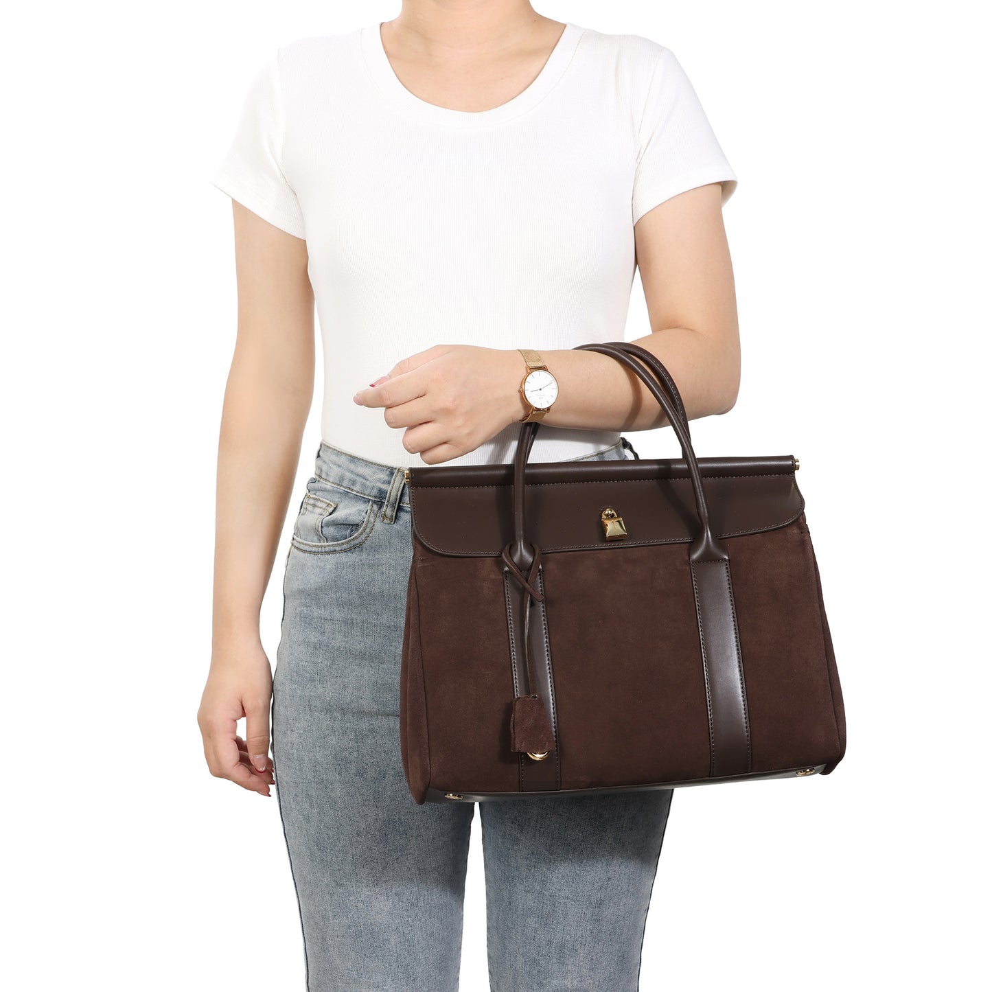 Suede and Leather Top Handle Satchel with Gold Lock Accent