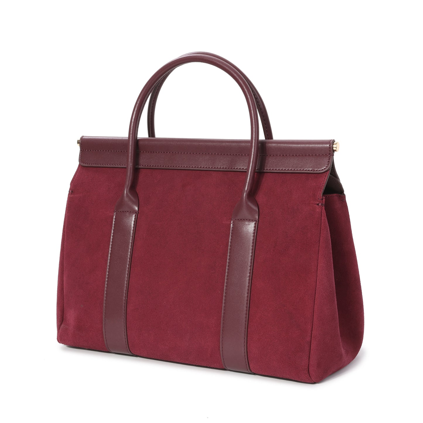 Suede and Leather Top Handle Satchel with Gold Lock Accent