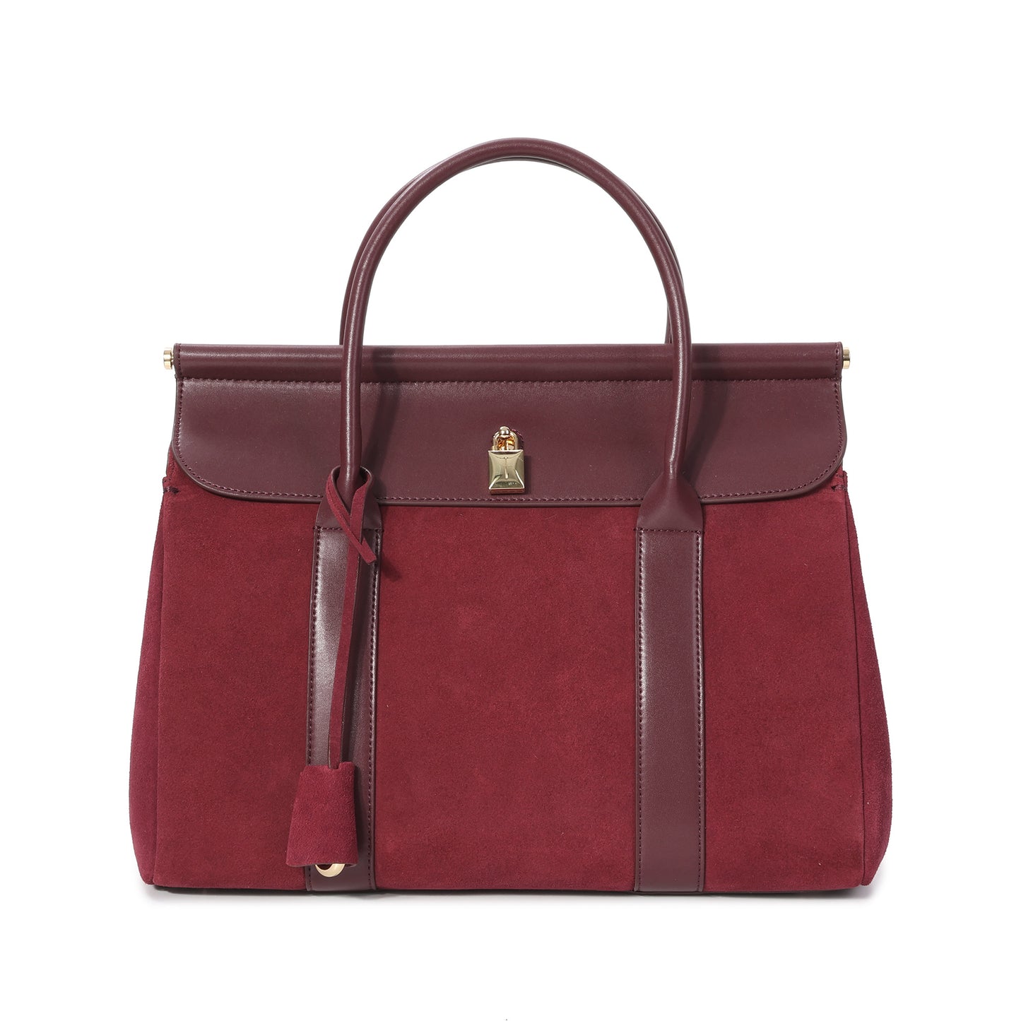 Suede and Leather Top Handle Satchel with Gold Lock Accent