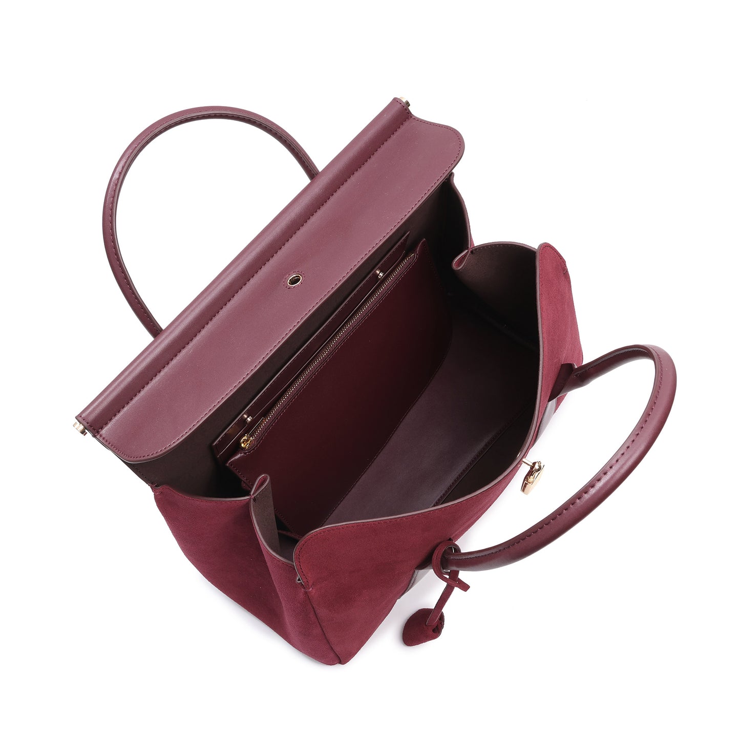 Suede and Leather Top Handle Satchel with Gold Lock Accent