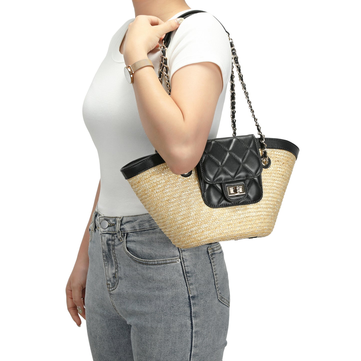 Quilted Straw Tote Bag with Chain Handles