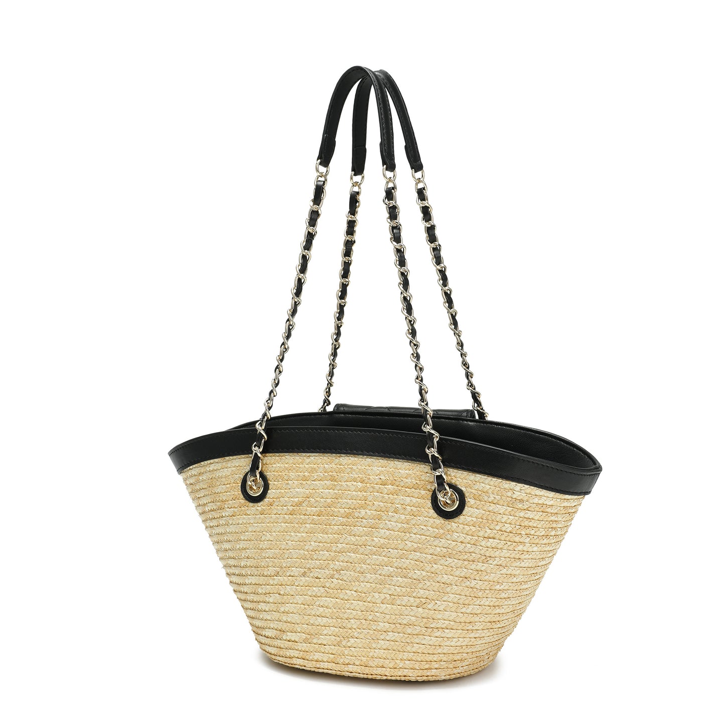 Quilted Straw Tote Bag with Chain Handles