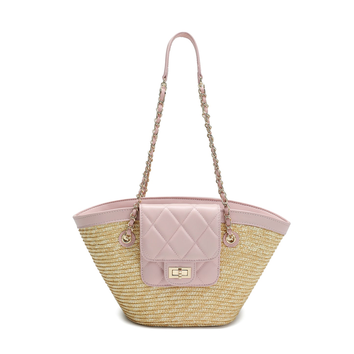 Quilted Straw Tote Bag with Chain Handles