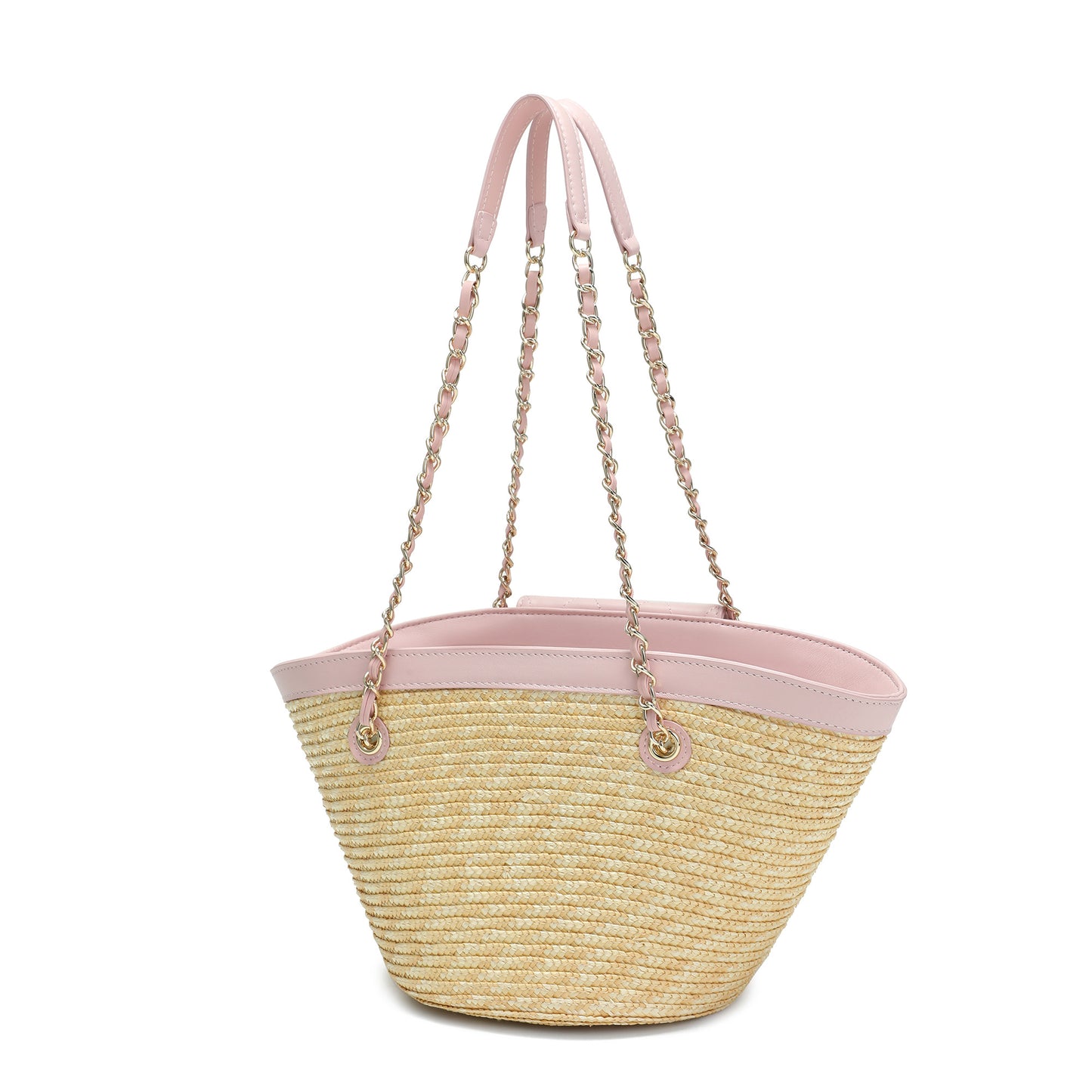 Quilted Straw Tote Bag with Chain Handles