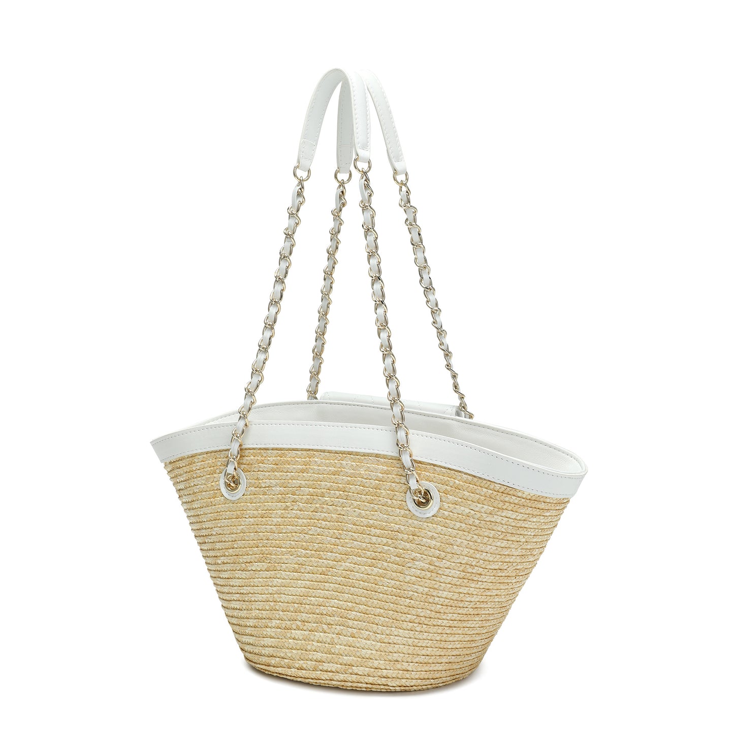 Quilted Straw Tote Bag with Chain Handles