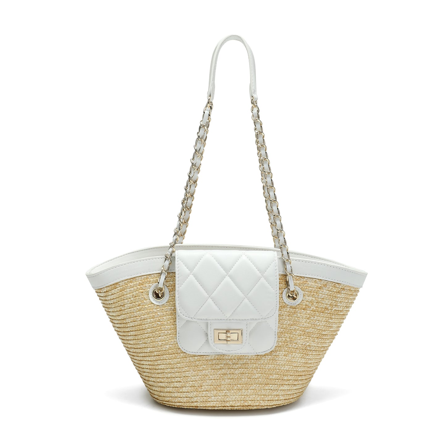 Quilted Straw Tote Bag with Chain Handles