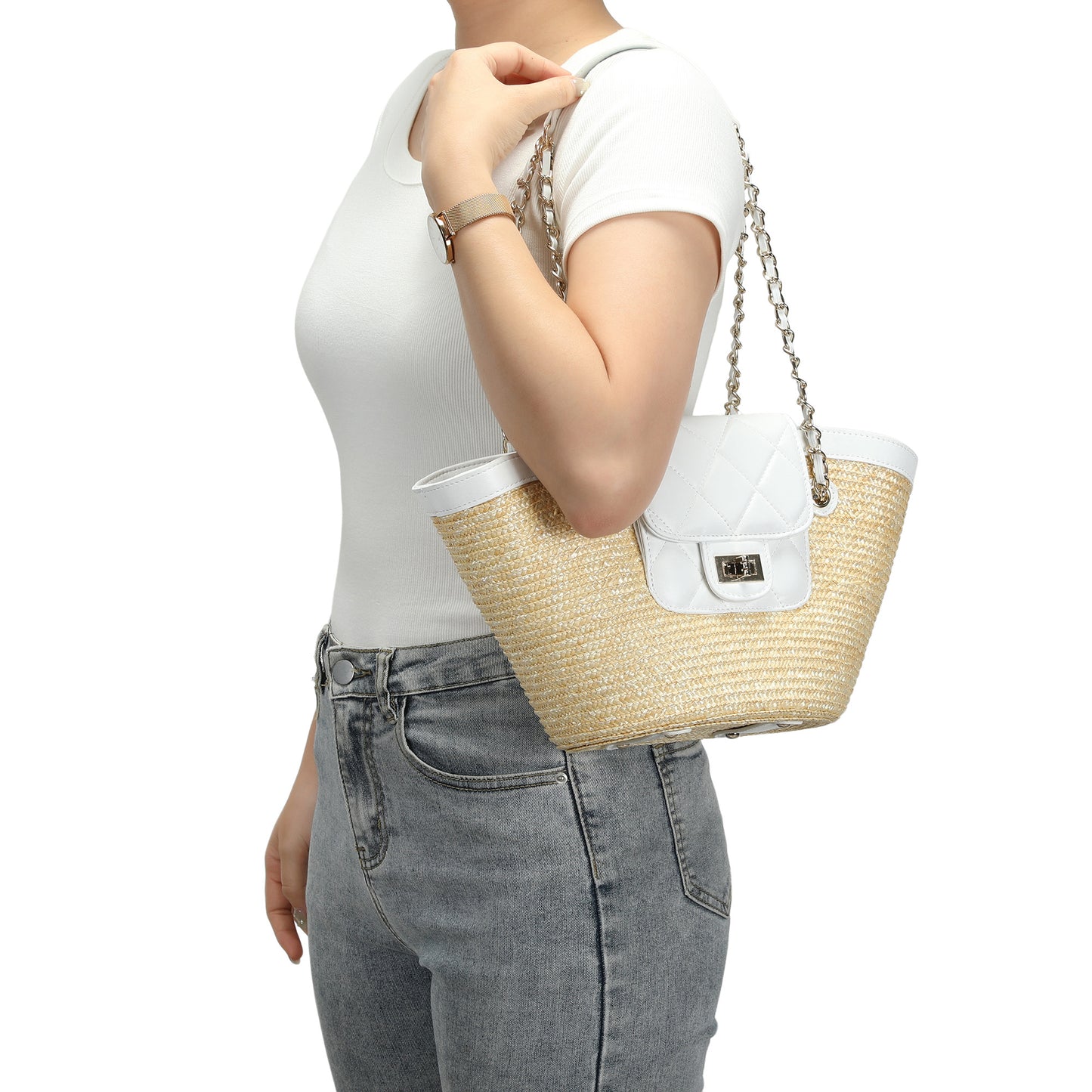 Quilted Straw Tote Bag with Chain Handles