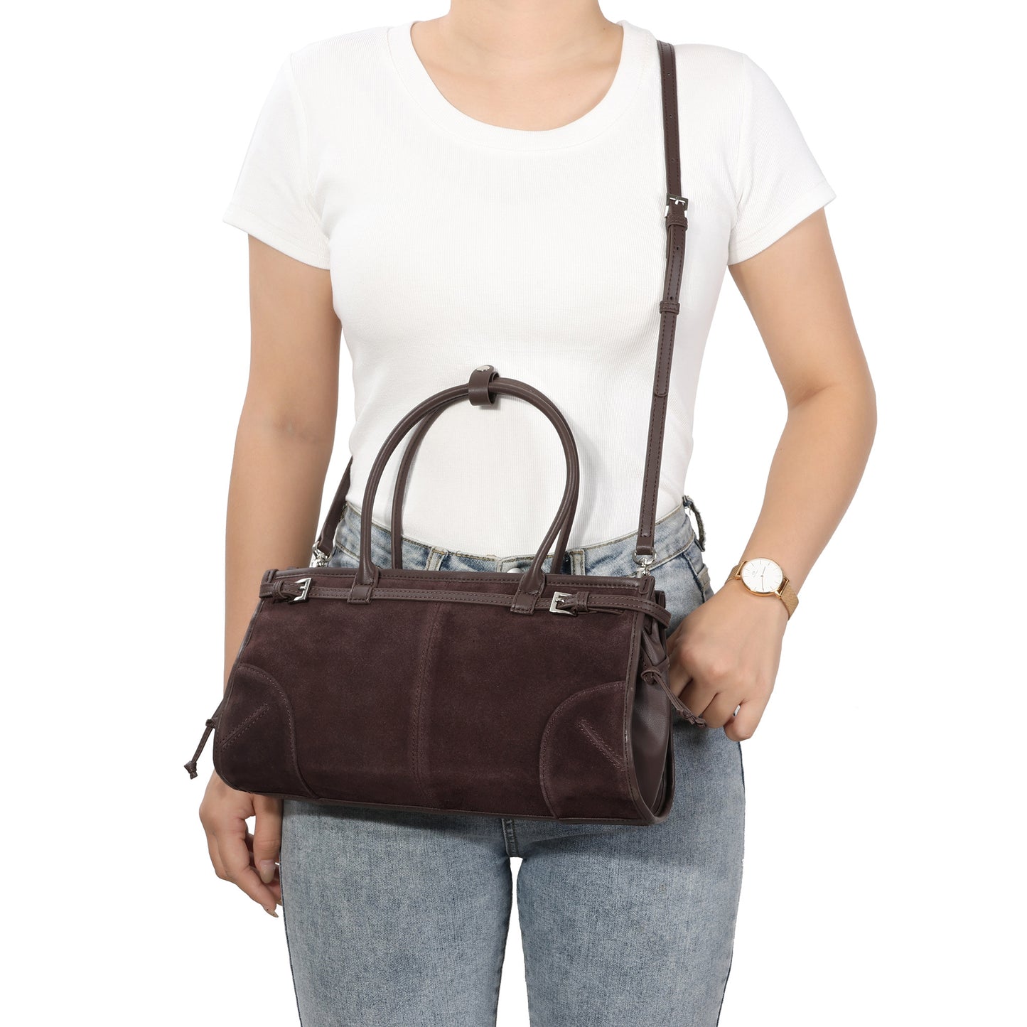 Suede & Leather Structured Tote with Adjustable Shoulder Strap