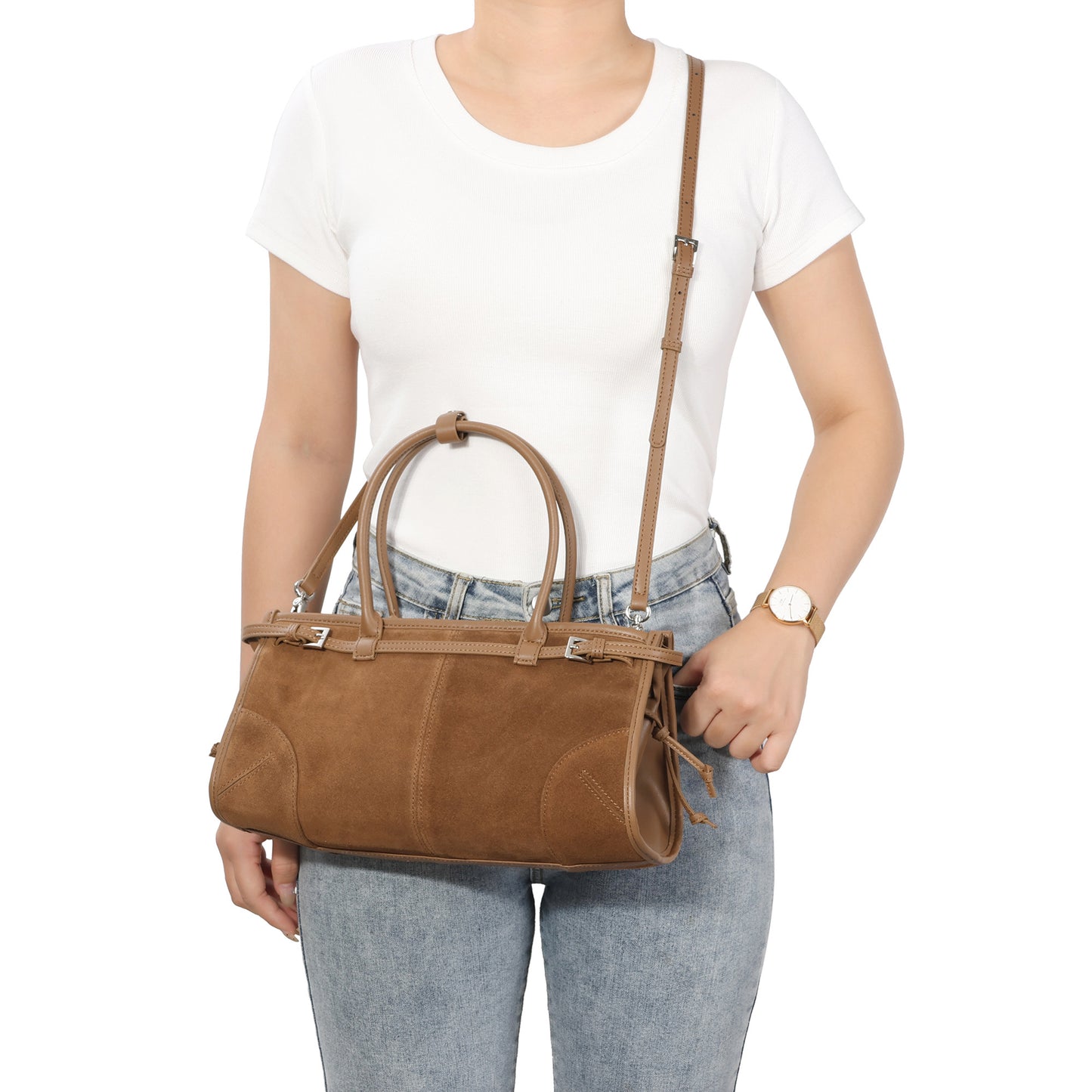 Suede & Leather Structured Tote with Adjustable Shoulder Strap