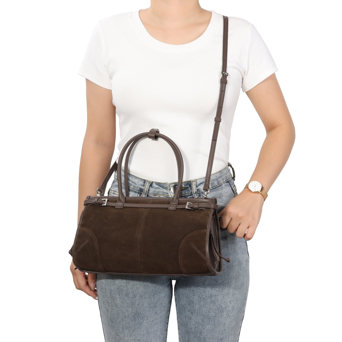 Suede & Leather Structured Tote with Adjustable Shoulder Strap