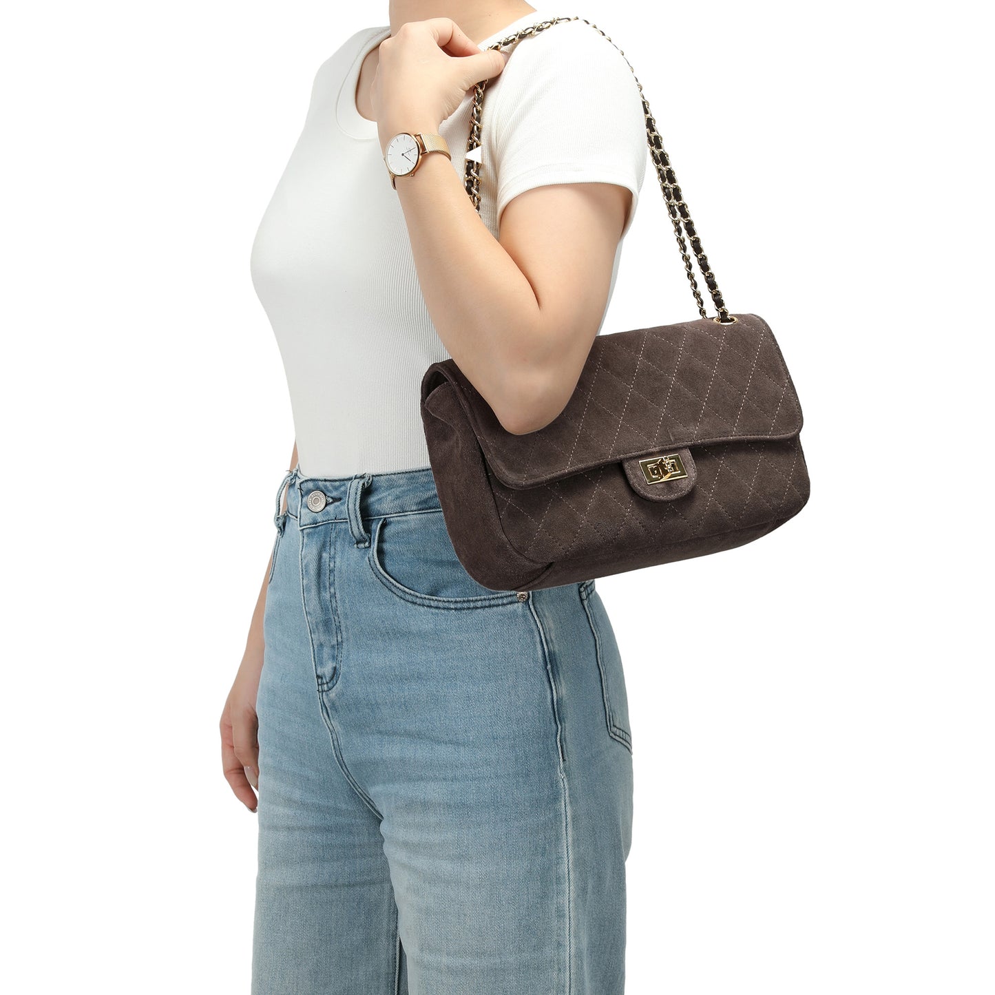 Suede & Woven Leather Convertible Shoulder & Crossbody Bag