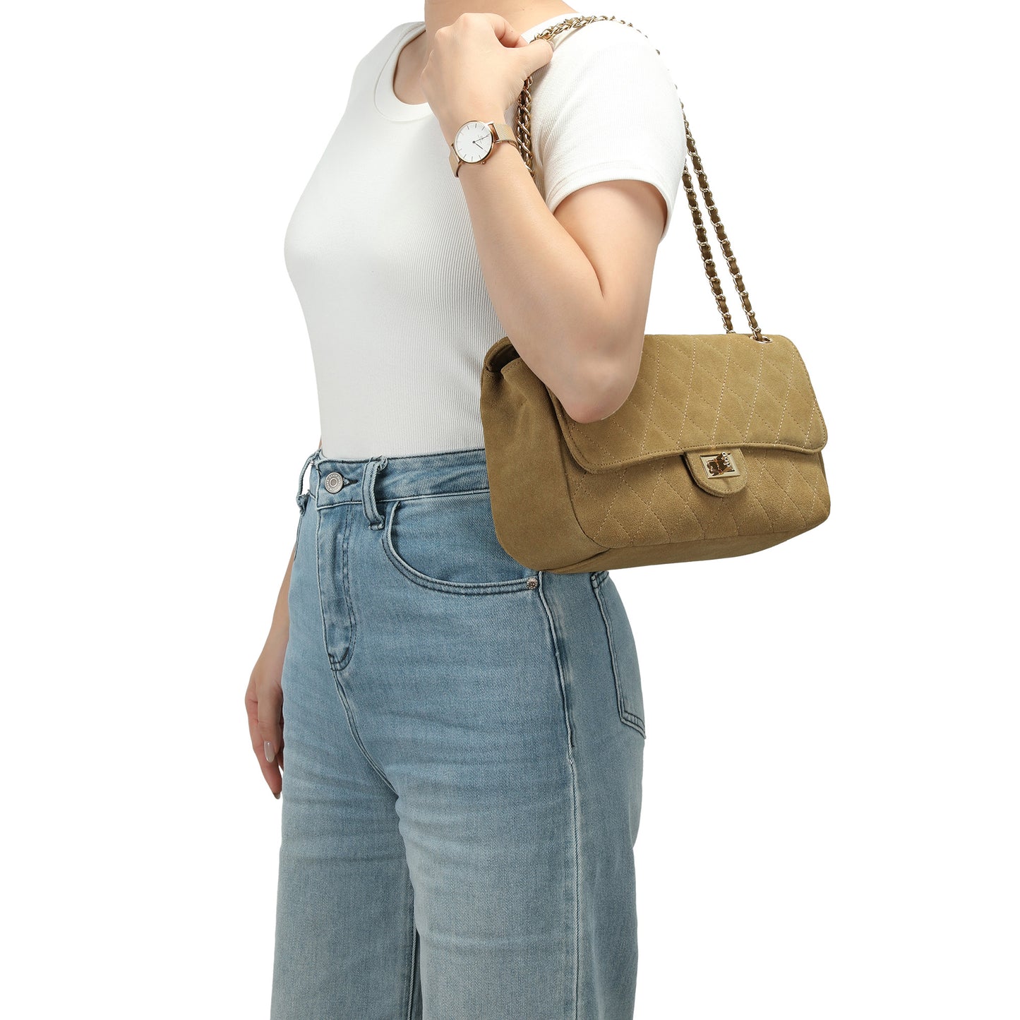 Suede & Woven Leather Convertible Shoulder & Crossbody Bag