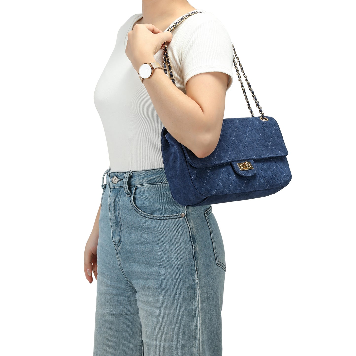 Suede & Woven Leather Convertible Shoulder & Crossbody Bag