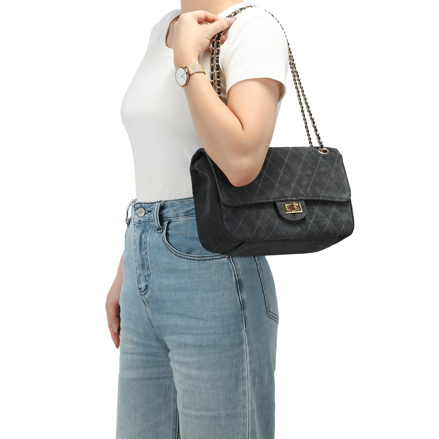 Suede & Woven Leather Convertible Shoulder & Crossbody Bag
