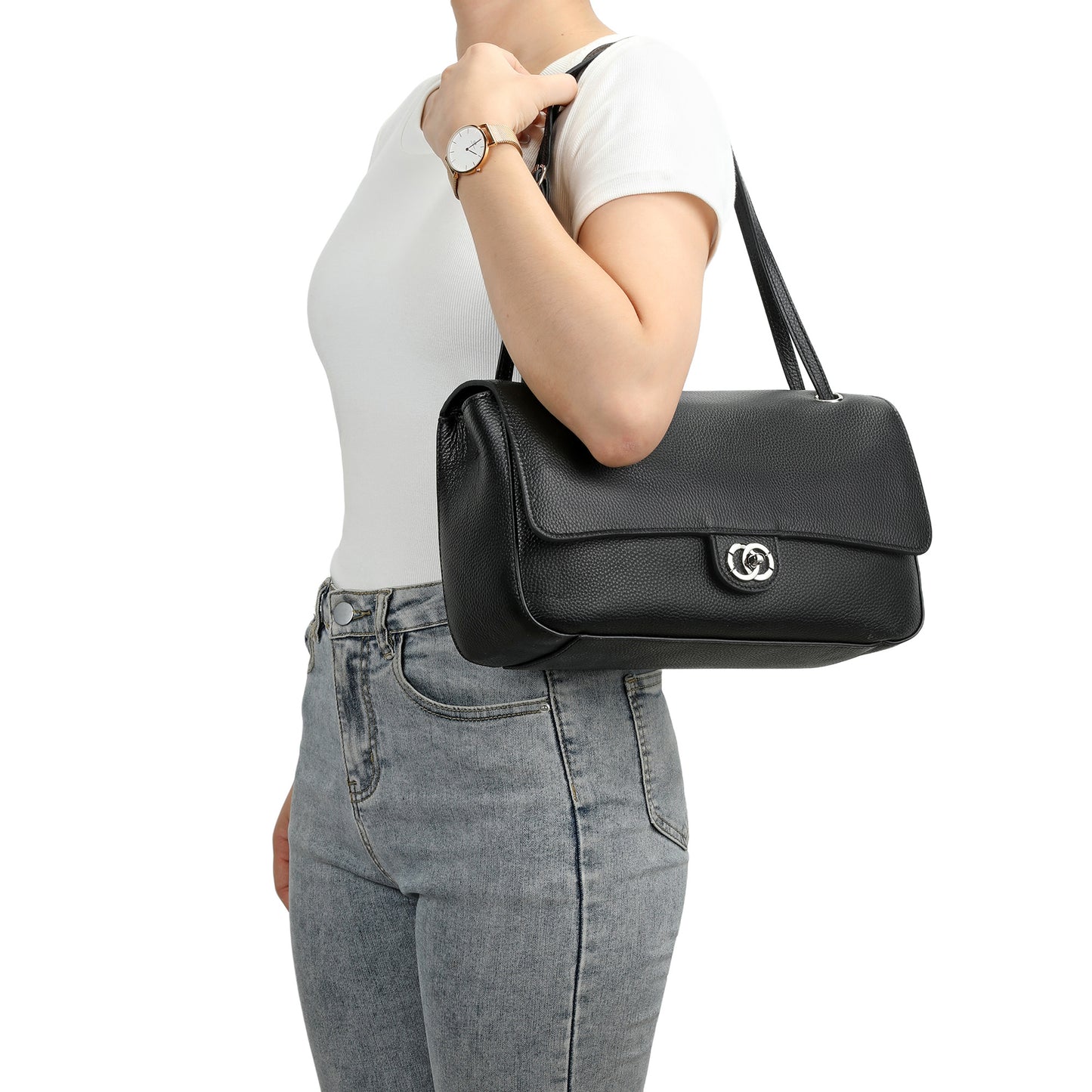 Pebbled Leather Turn-Lock Shoulder Bag