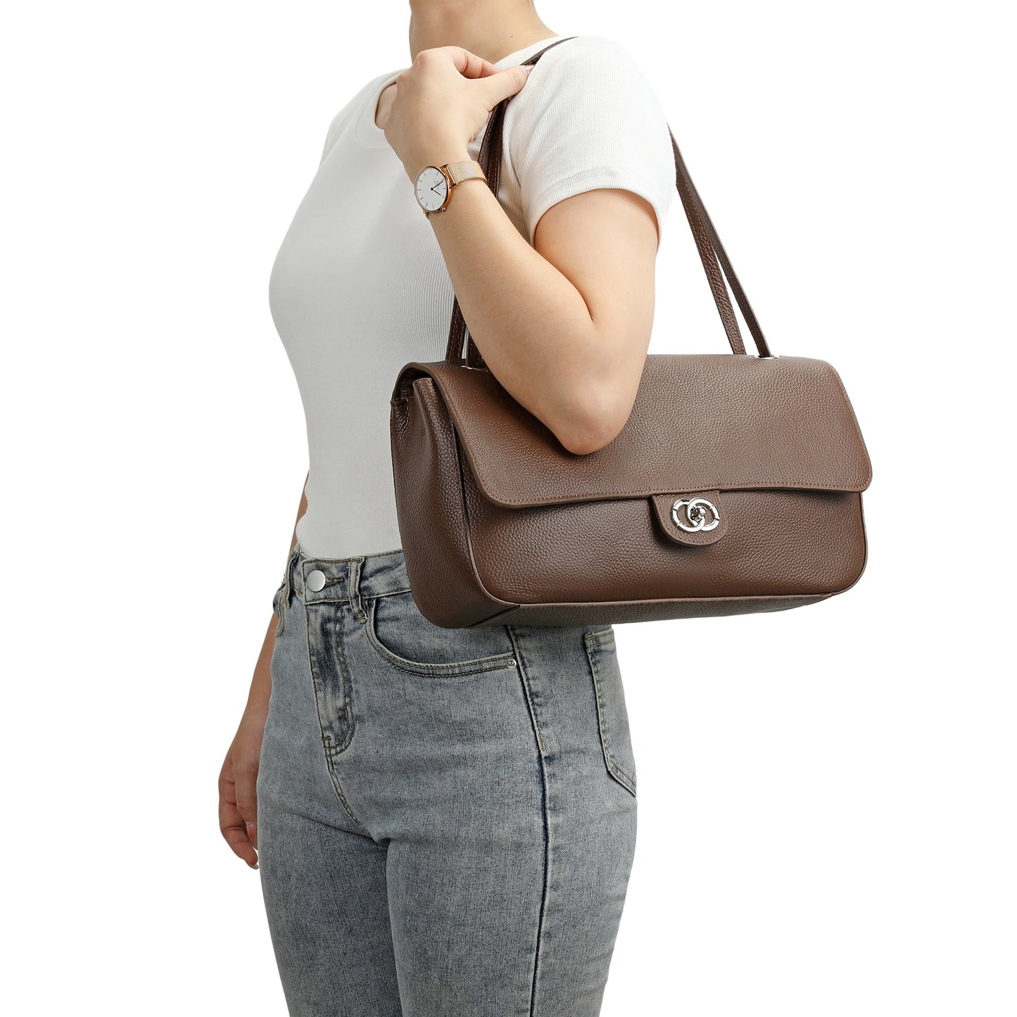 Pebbled Leather Turn-Lock Shoulder Bag