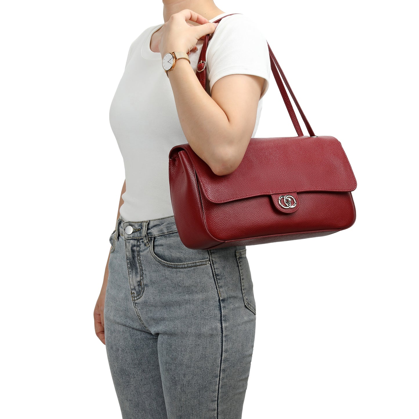 Pebbled Leather Turn-Lock Shoulder Bag