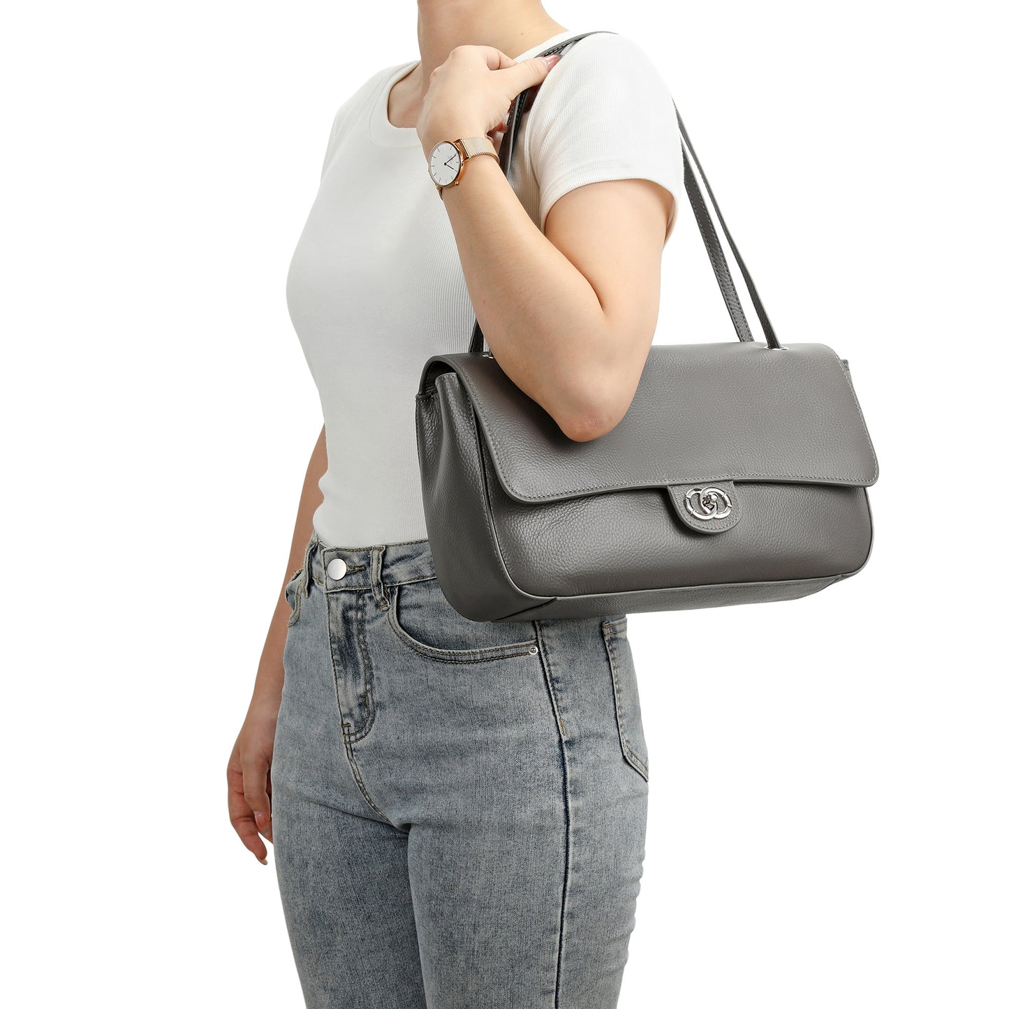 Pebbled Leather Turn-Lock Shoulder Bag