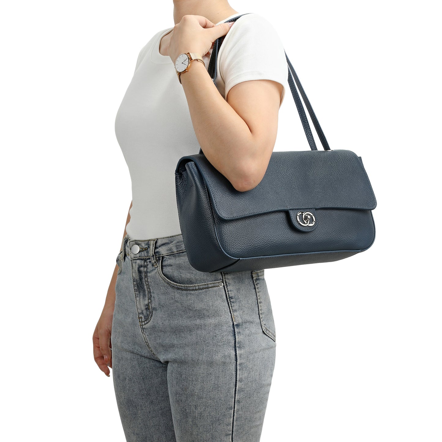 Pebbled Leather Turn-Lock Shoulder Bag