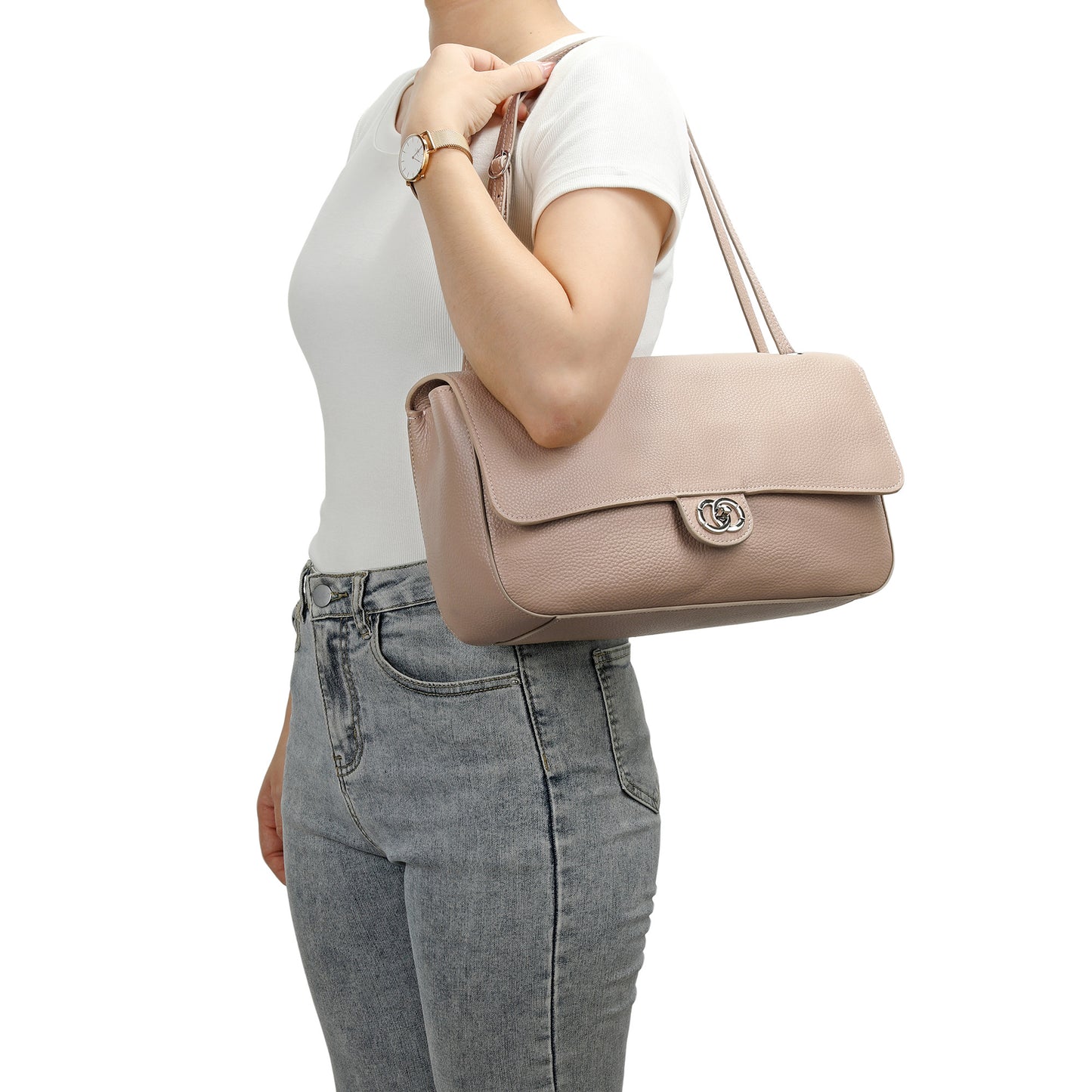 Pebbled Leather Turn-Lock Shoulder Bag