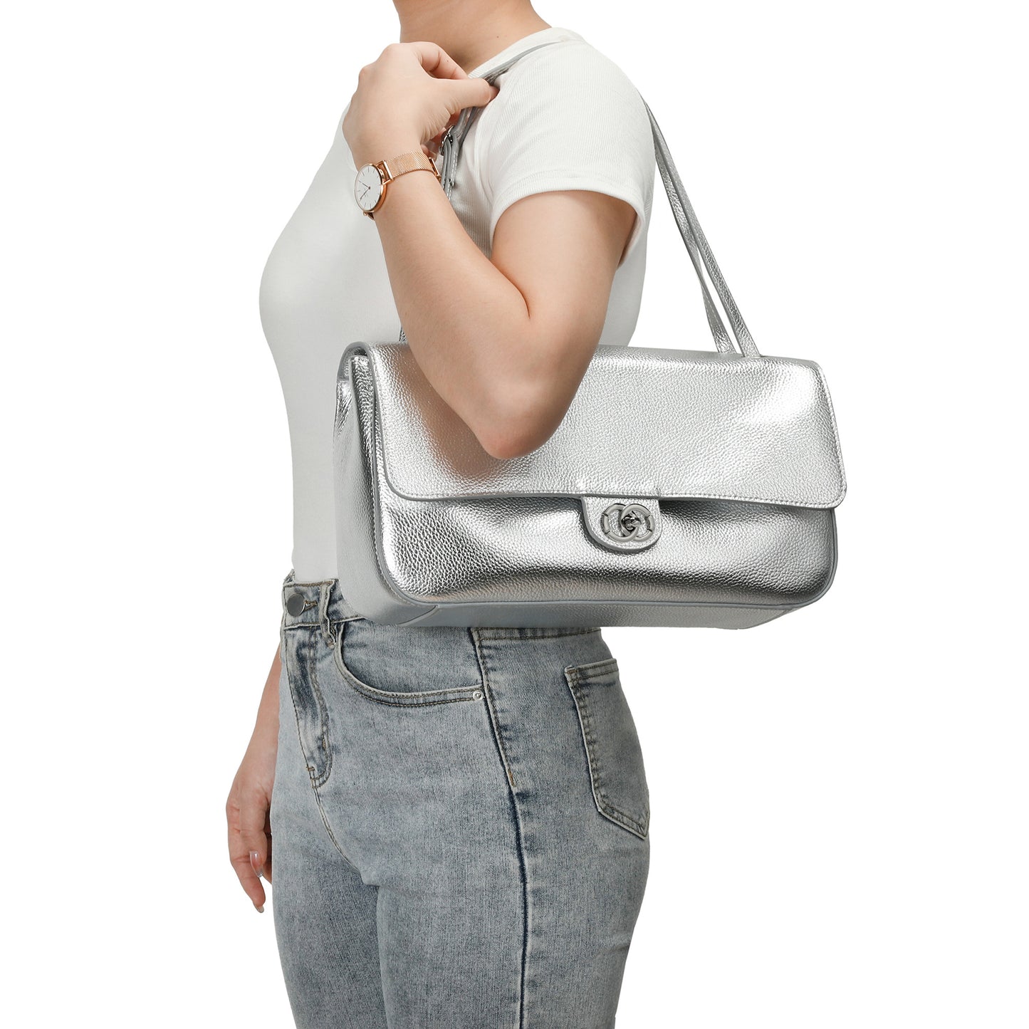 Pebbled Leather Turn-Lock Shoulder Bag