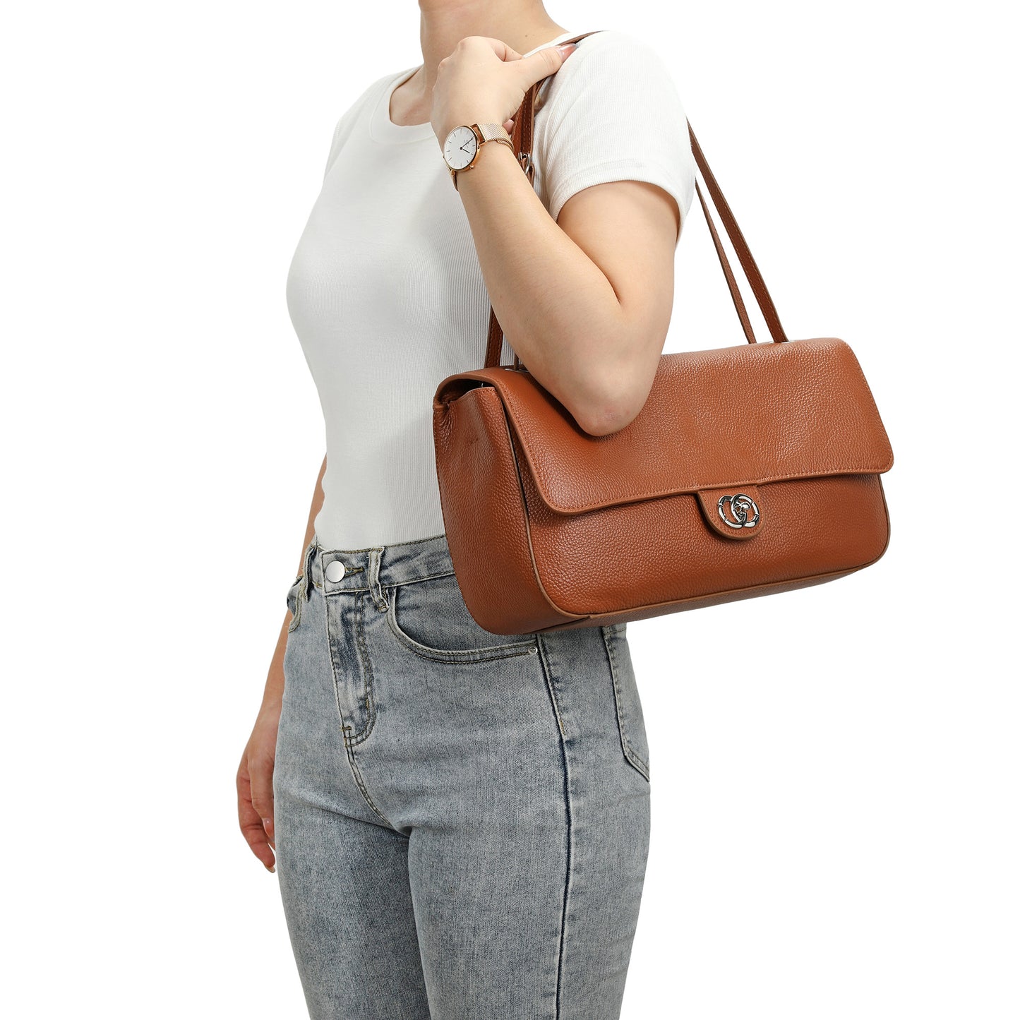 Pebbled Leather Turn-Lock Shoulder Bag