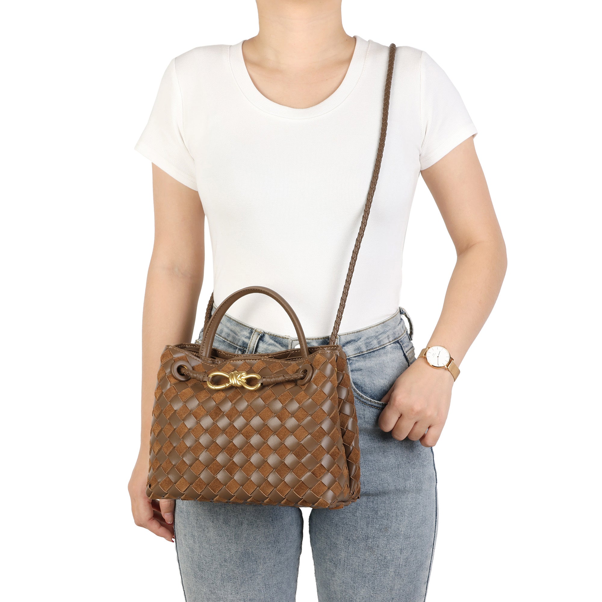 Woven Leather Mini Top-Handle Bag with Rope-Knot Hardware