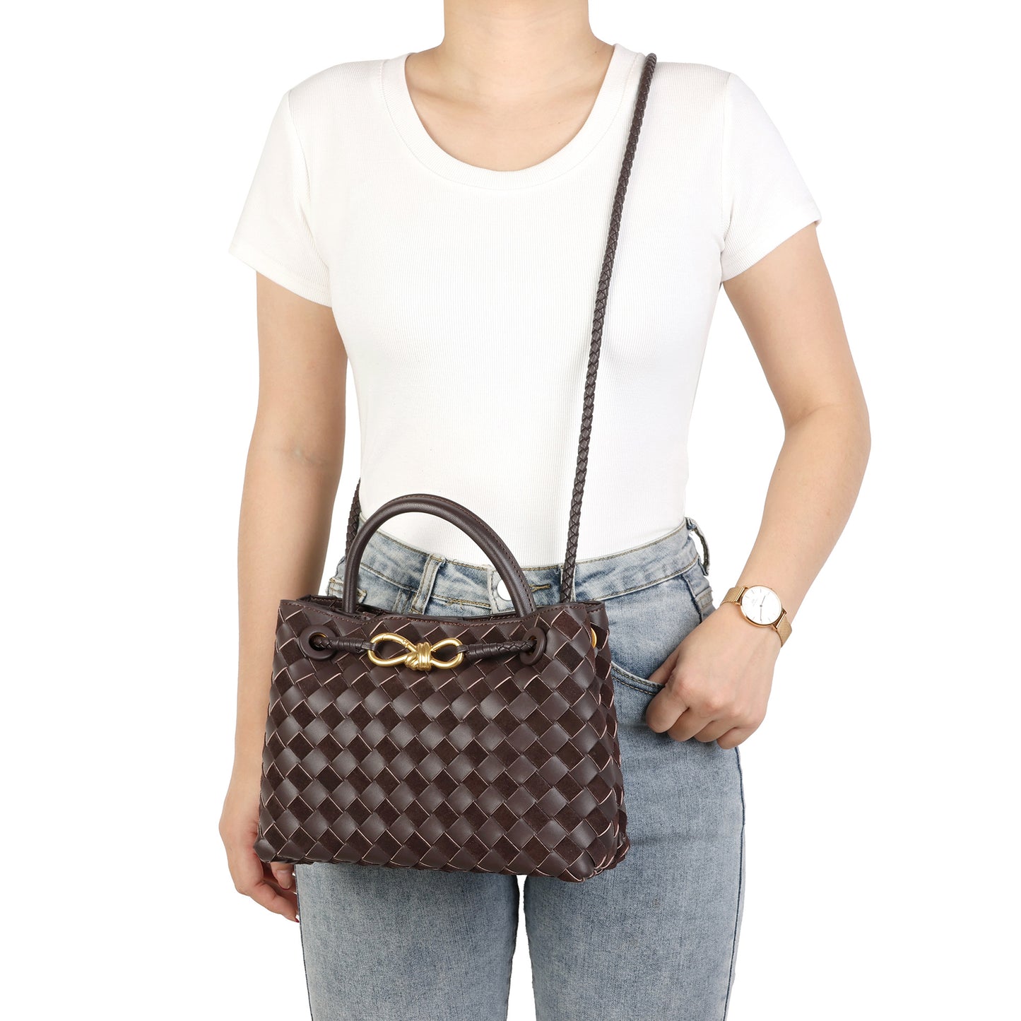 Woven Leather Mini Top-Handle Bag with Rope-Knot Hardware