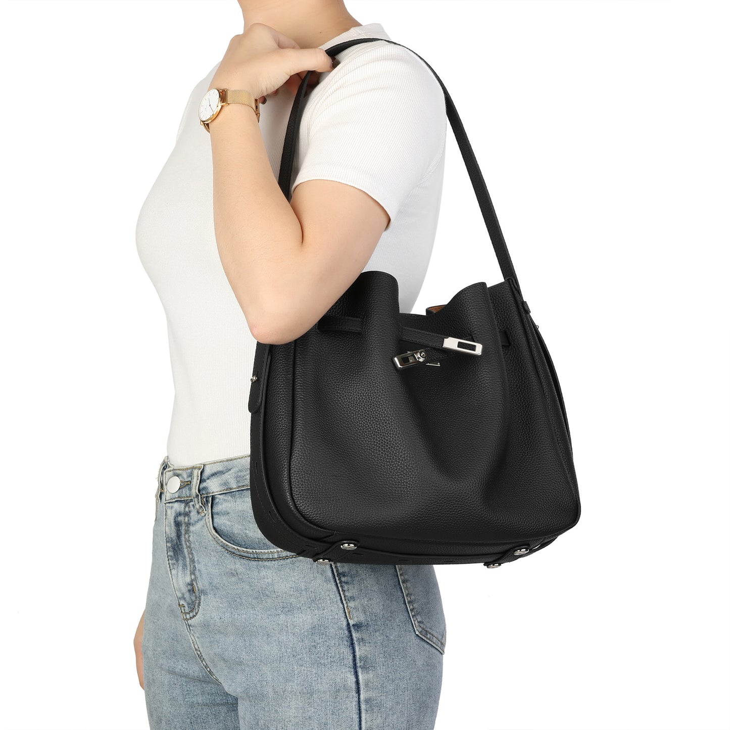 Pebbled Leather Bucket Shoulder Bag