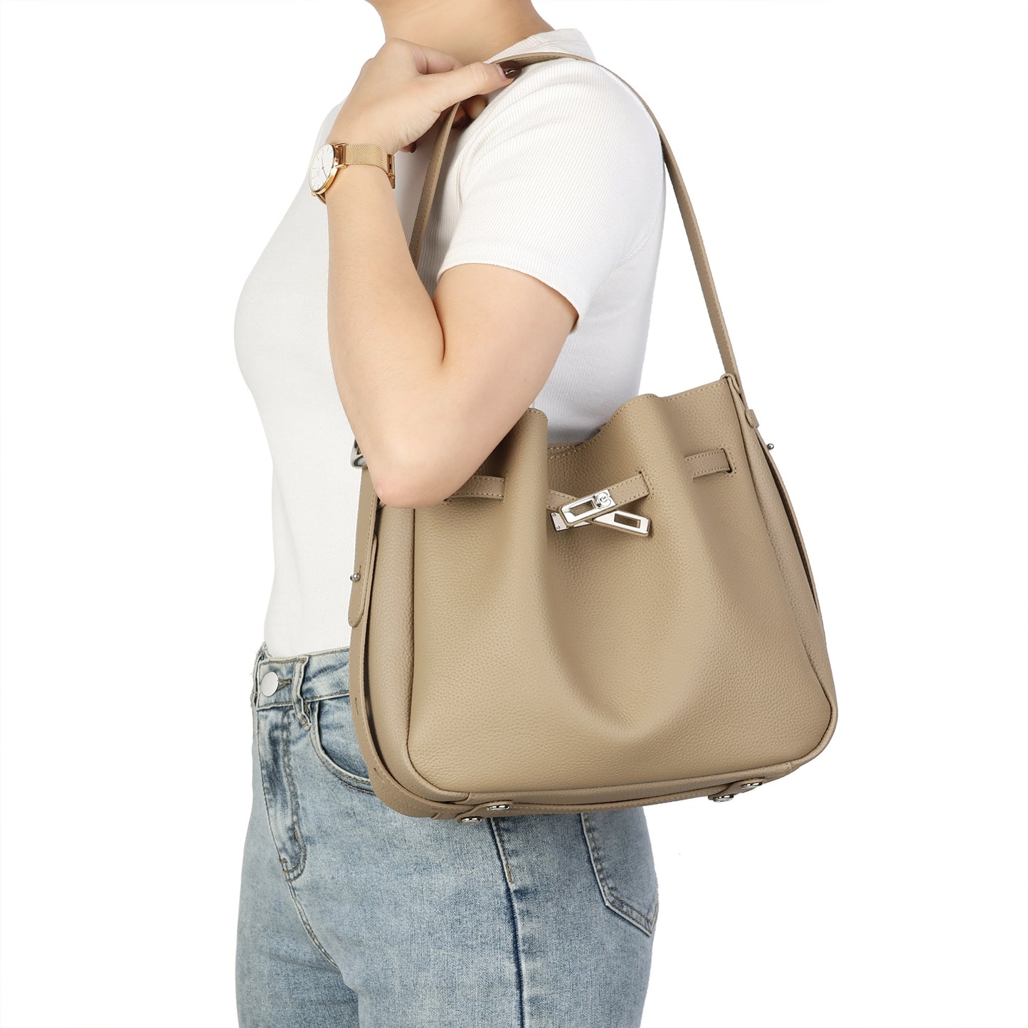 Pebbled Leather Bucket Shoulder Bag