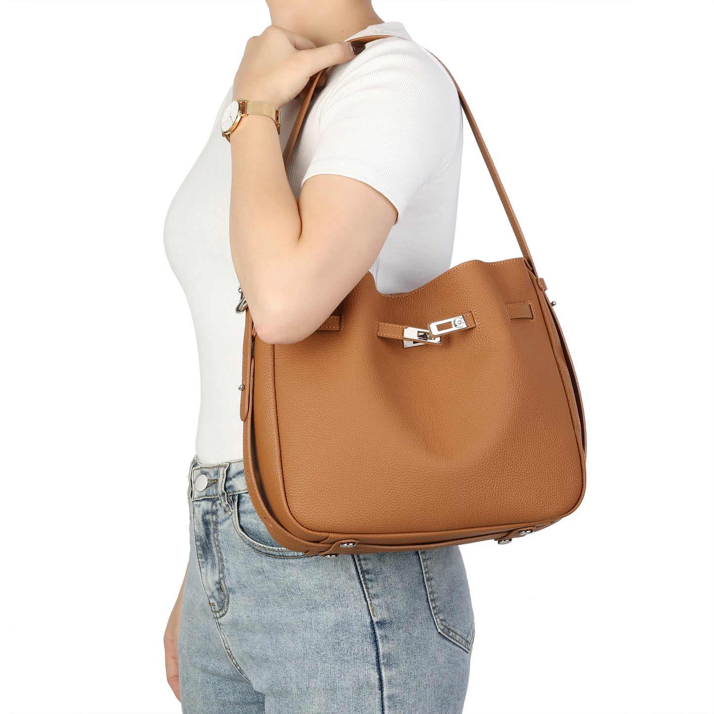 Pebbled Leather Bucket Shoulder Bag