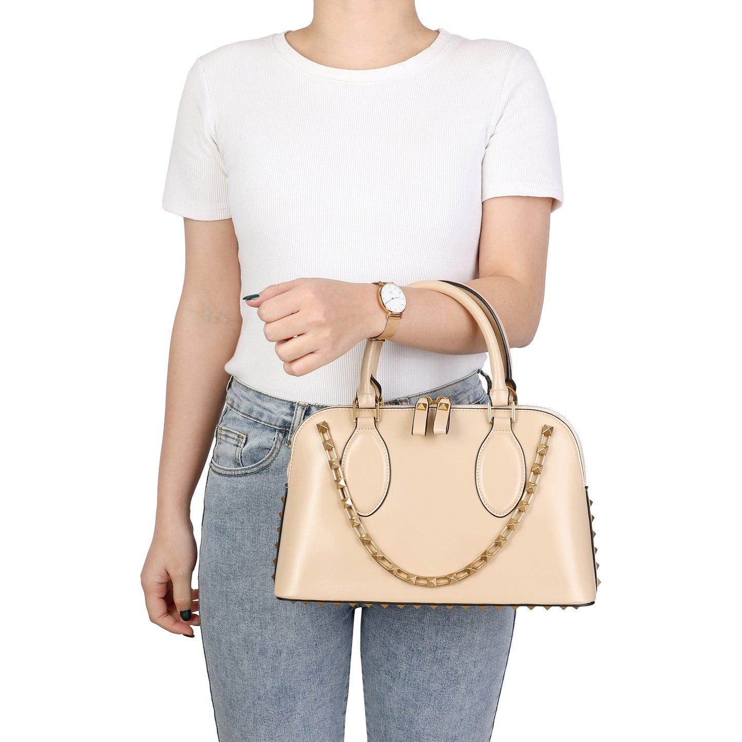 Studded Detail Structured Leather Handbag