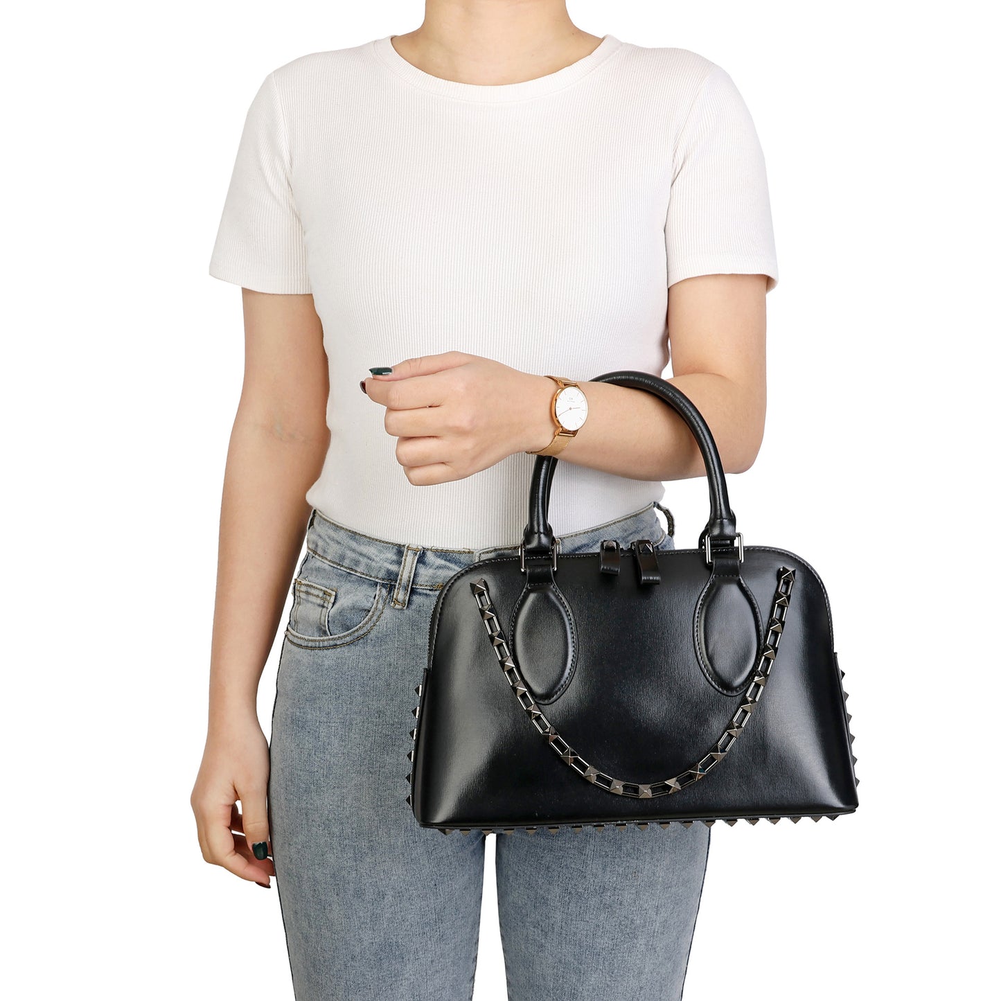 Studded Detail Structured Leather Handbag