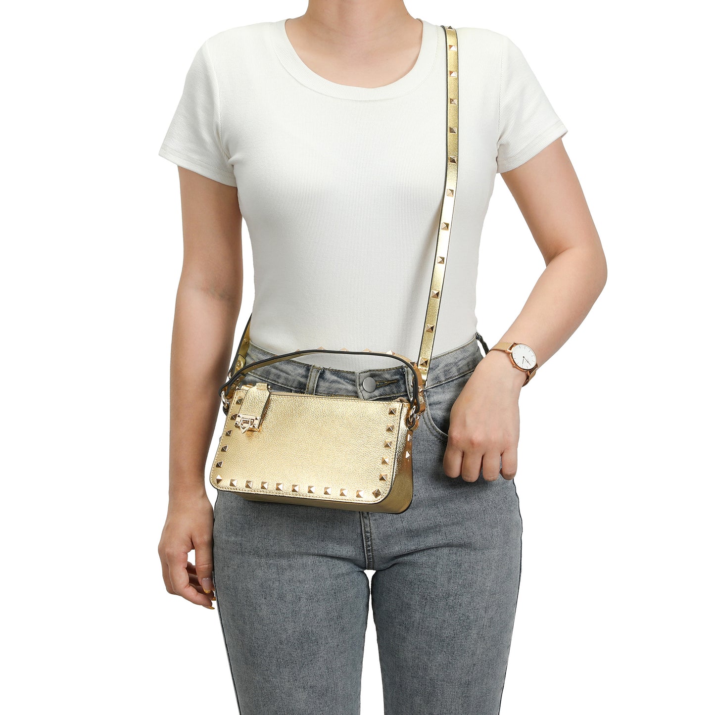 Metallic Studded Convertible Shoulder Bag