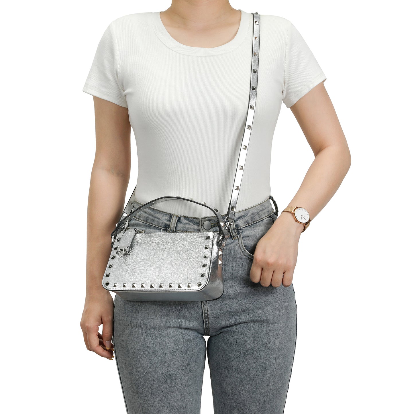 Metallic Studded Convertible Shoulder Bag