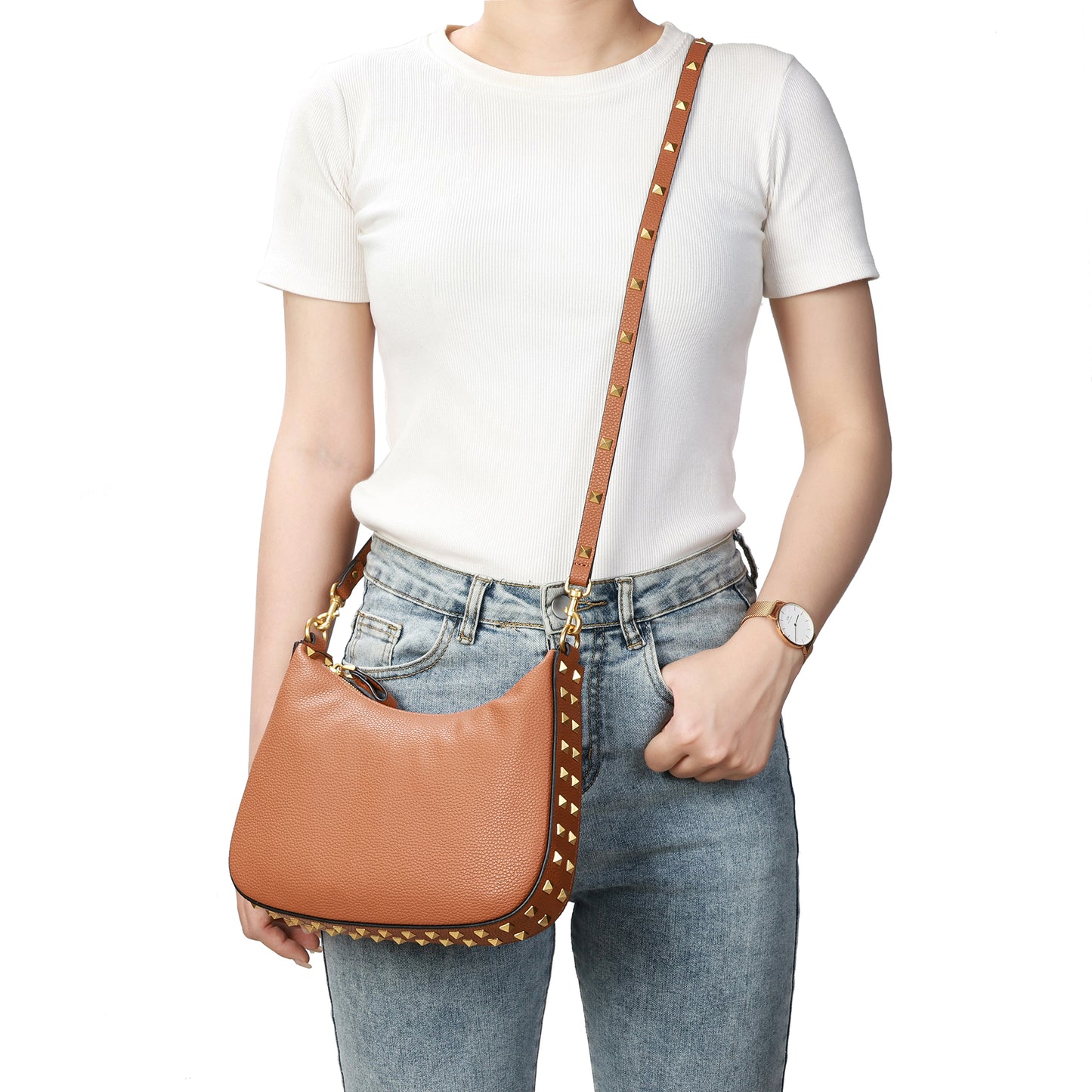 Full-Grain Studded Leather Shoulder/Messenger Bag