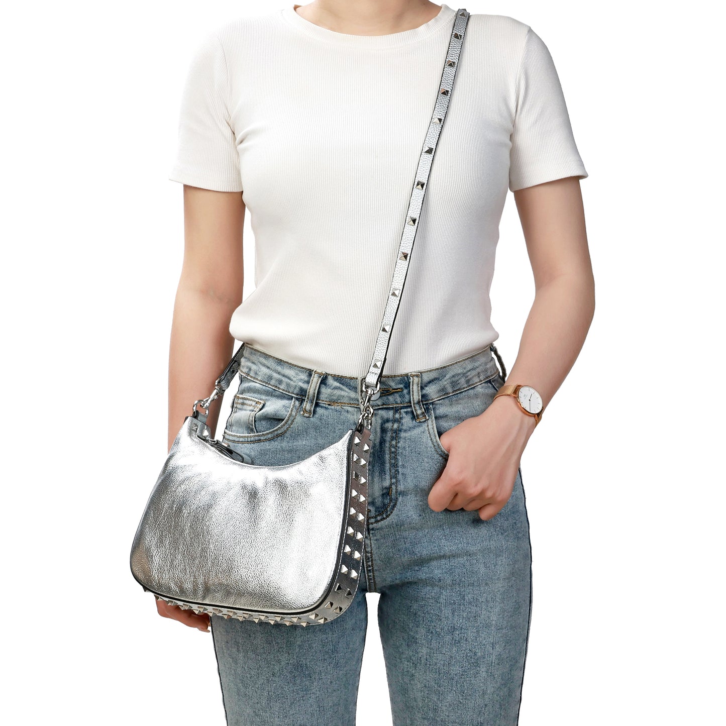 Full-Grain Studded Leather Shoulder/Messenger Bag