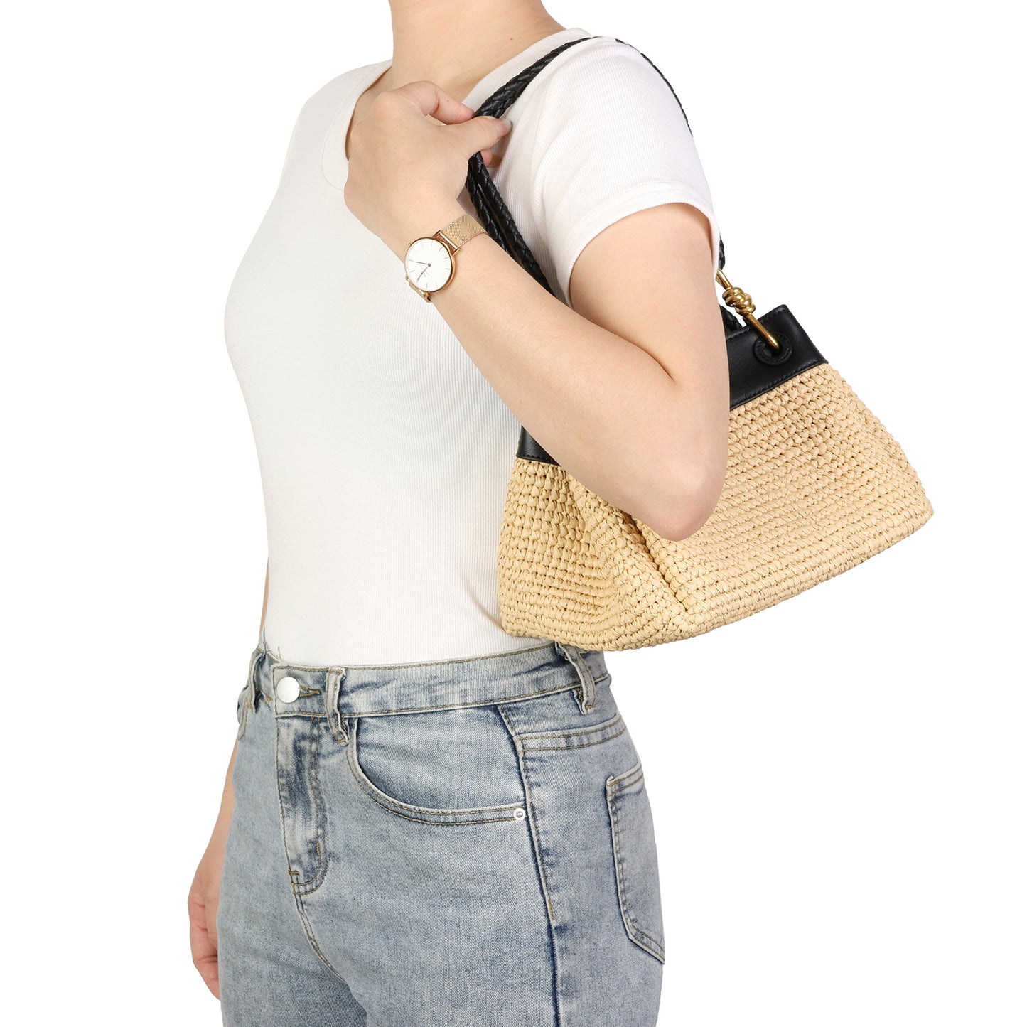 Woven Raffia & Leather Drawstring Shoulder Bag
