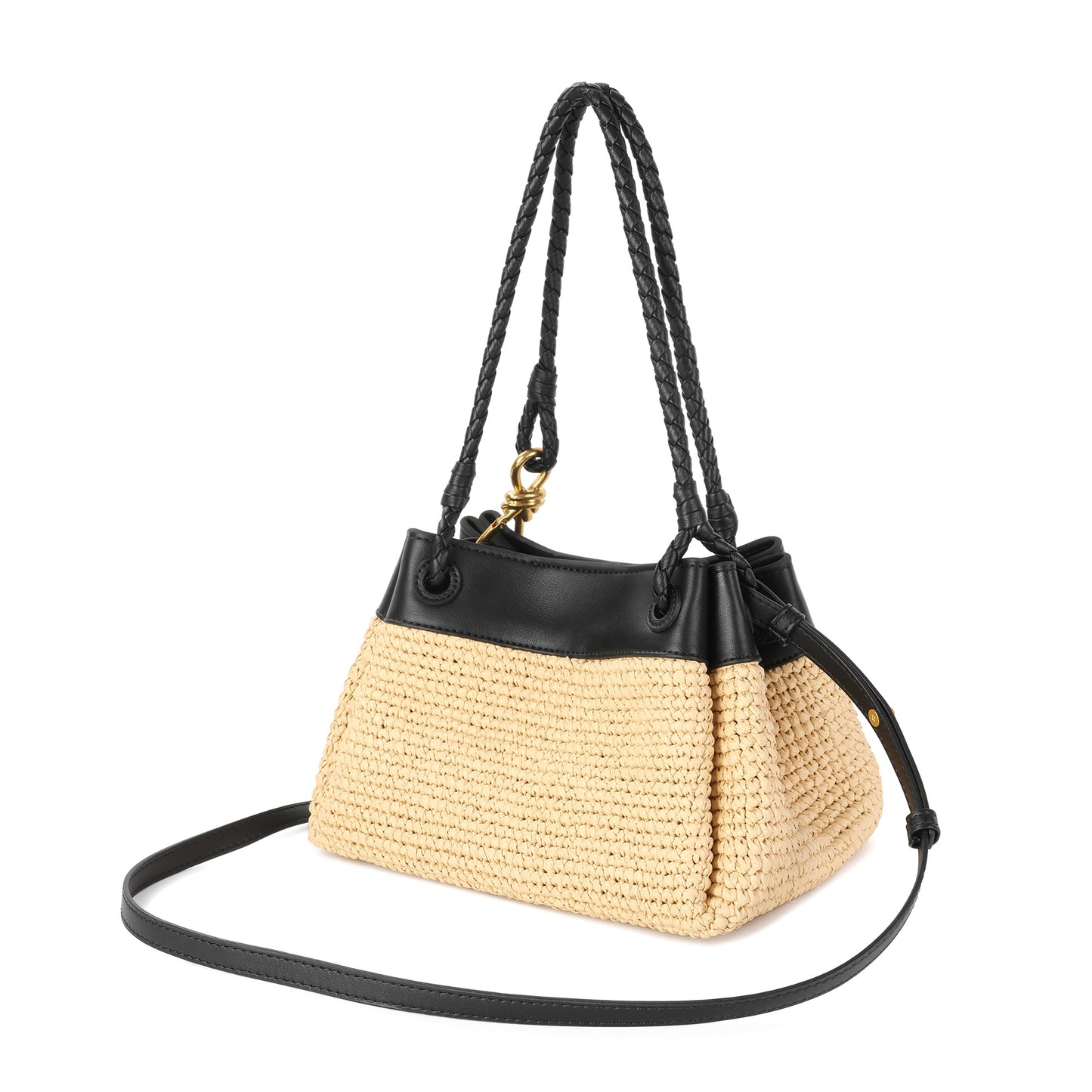 Woven Raffia & Leather Drawstring Shoulder Bag
