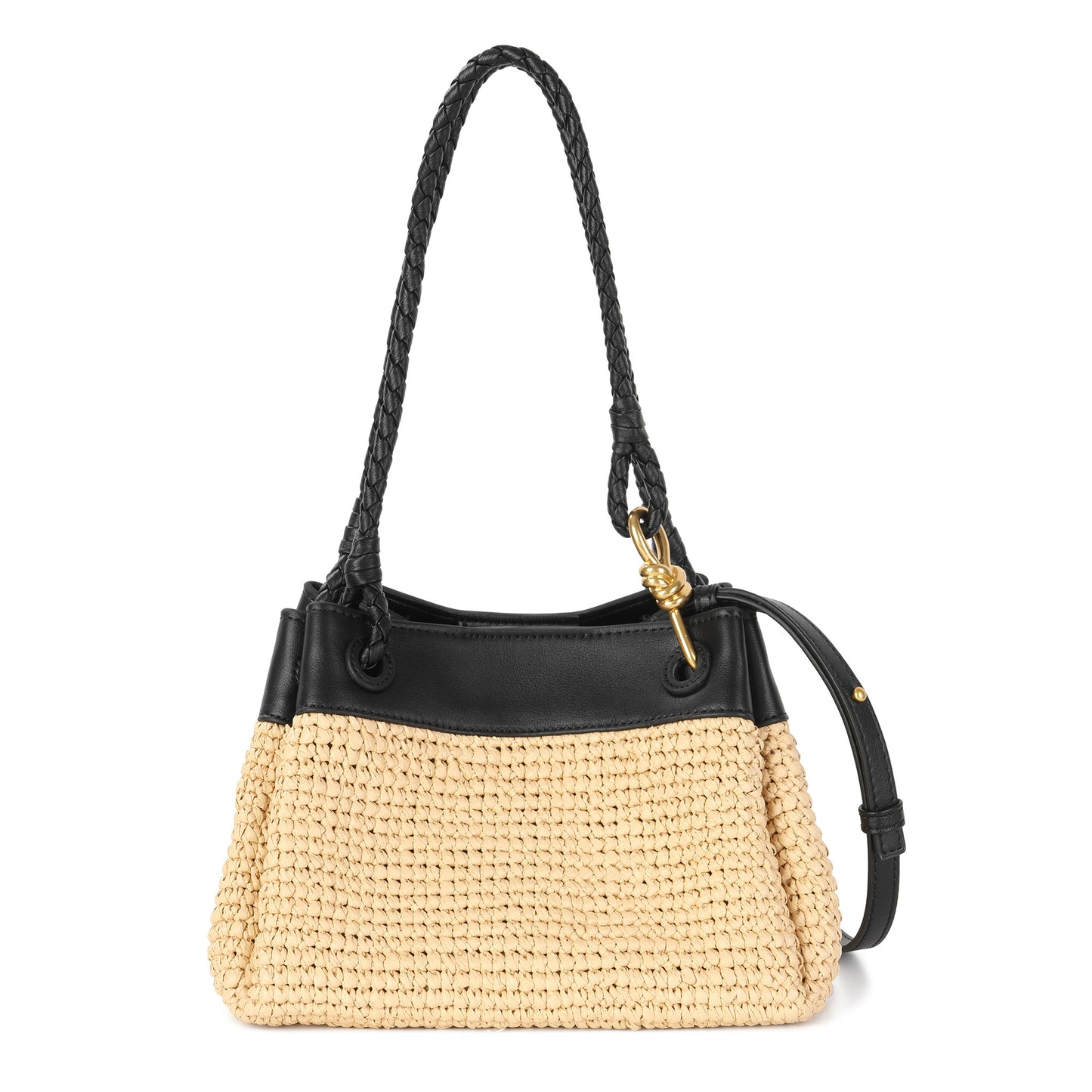 Woven Raffia & Leather Drawstring Shoulder Bag