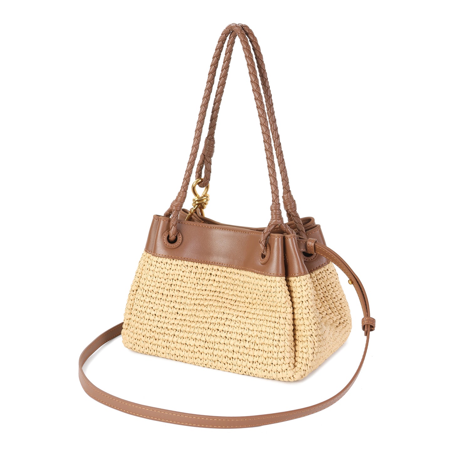 Woven Raffia & Leather Drawstring Shoulder Bag