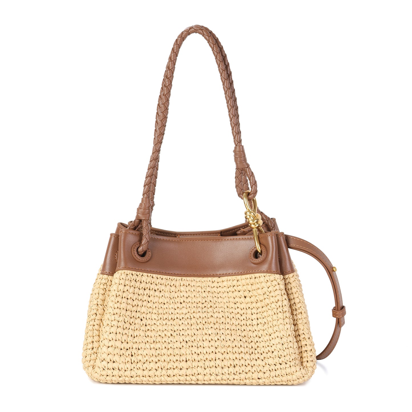 Woven Raffia & Leather Drawstring Shoulder Bag