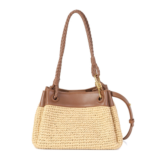 Woven Raffia & Leather Drawstring Shoulder Bag