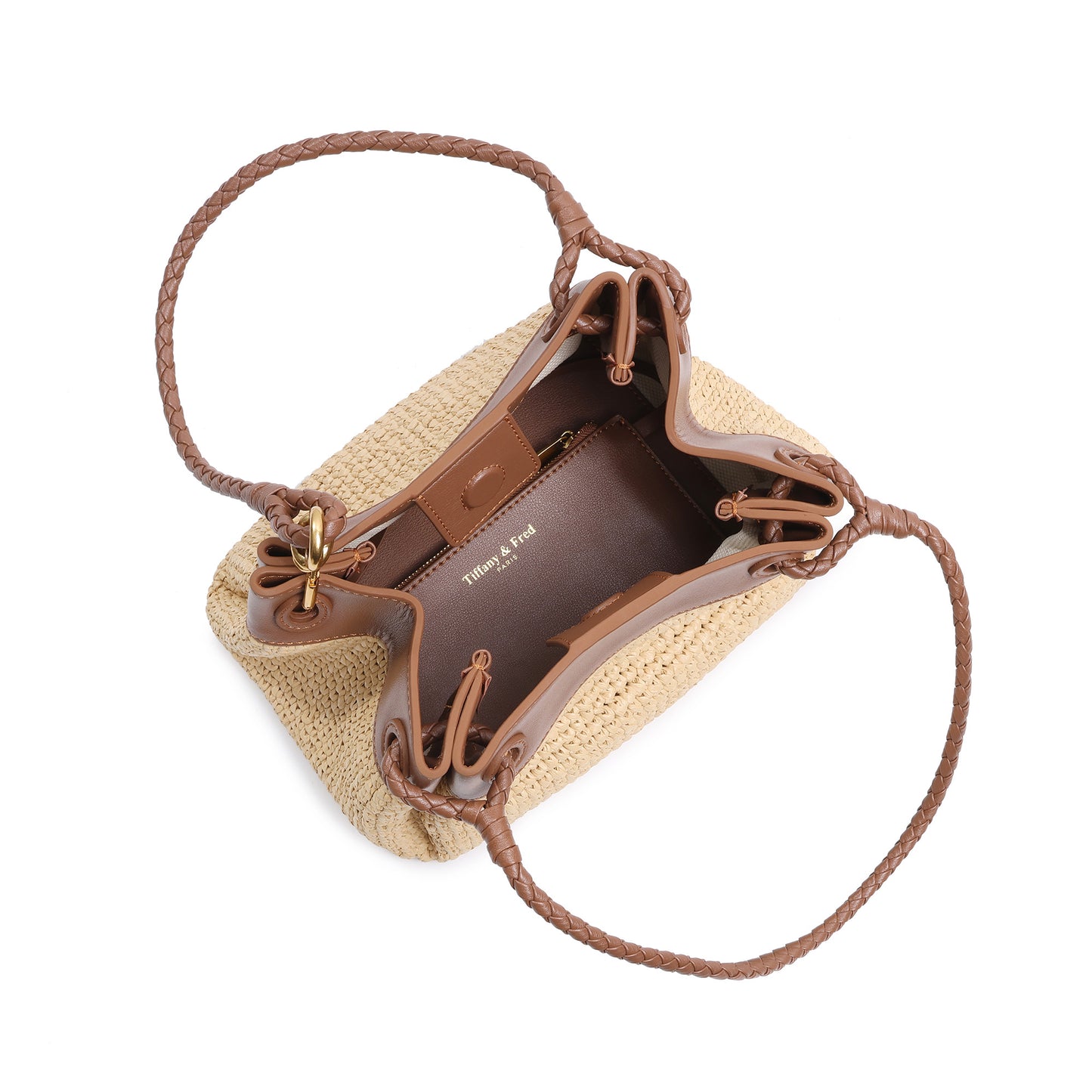 Woven Raffia & Leather Drawstring Shoulder Bag
