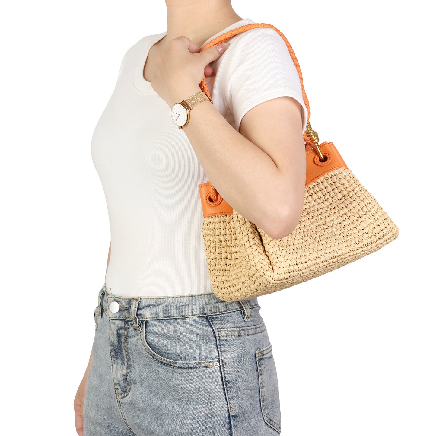 Woven Raffia & Leather Drawstring Shoulder Bag