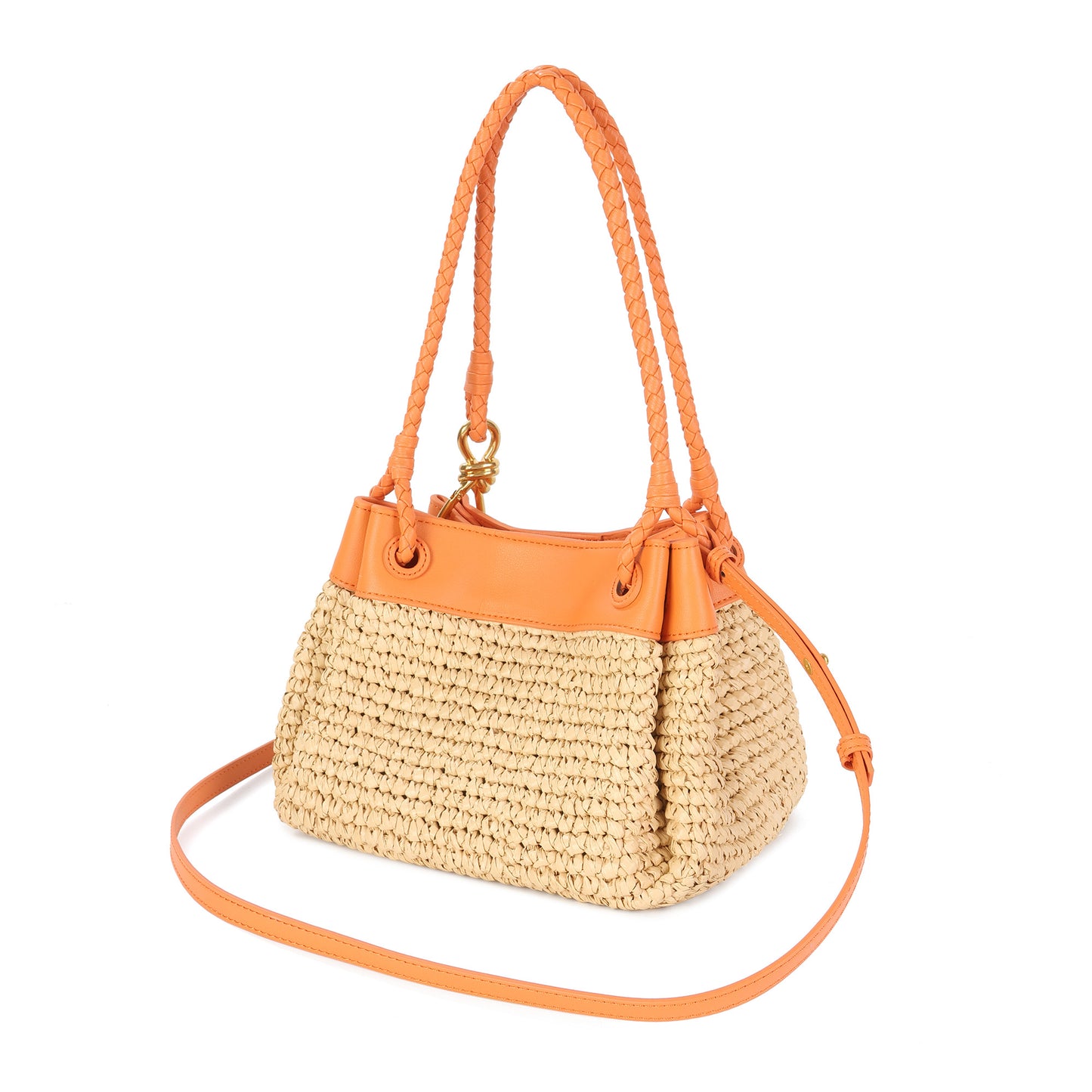 Woven Raffia & Leather Drawstring Shoulder Bag