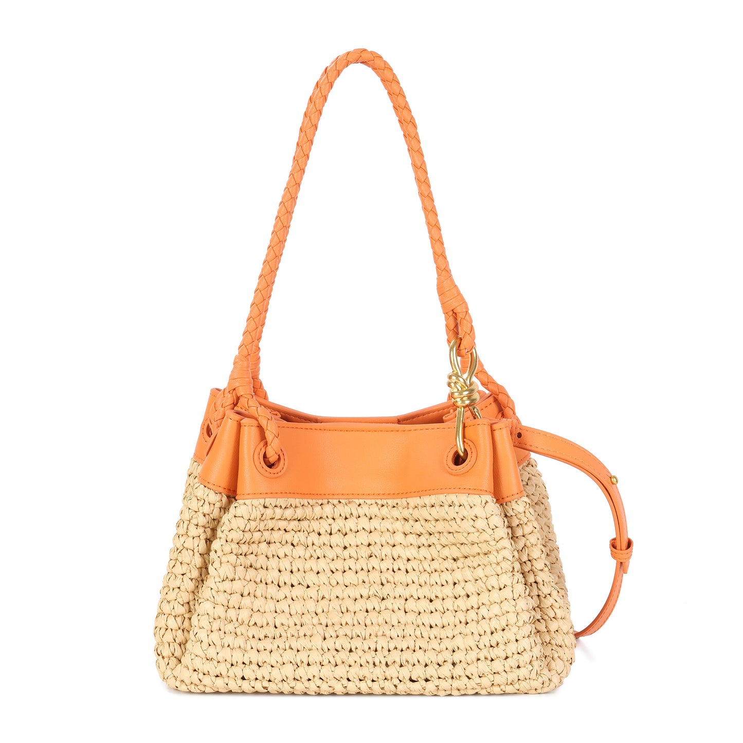 Woven Raffia & Leather Drawstring Shoulder Bag