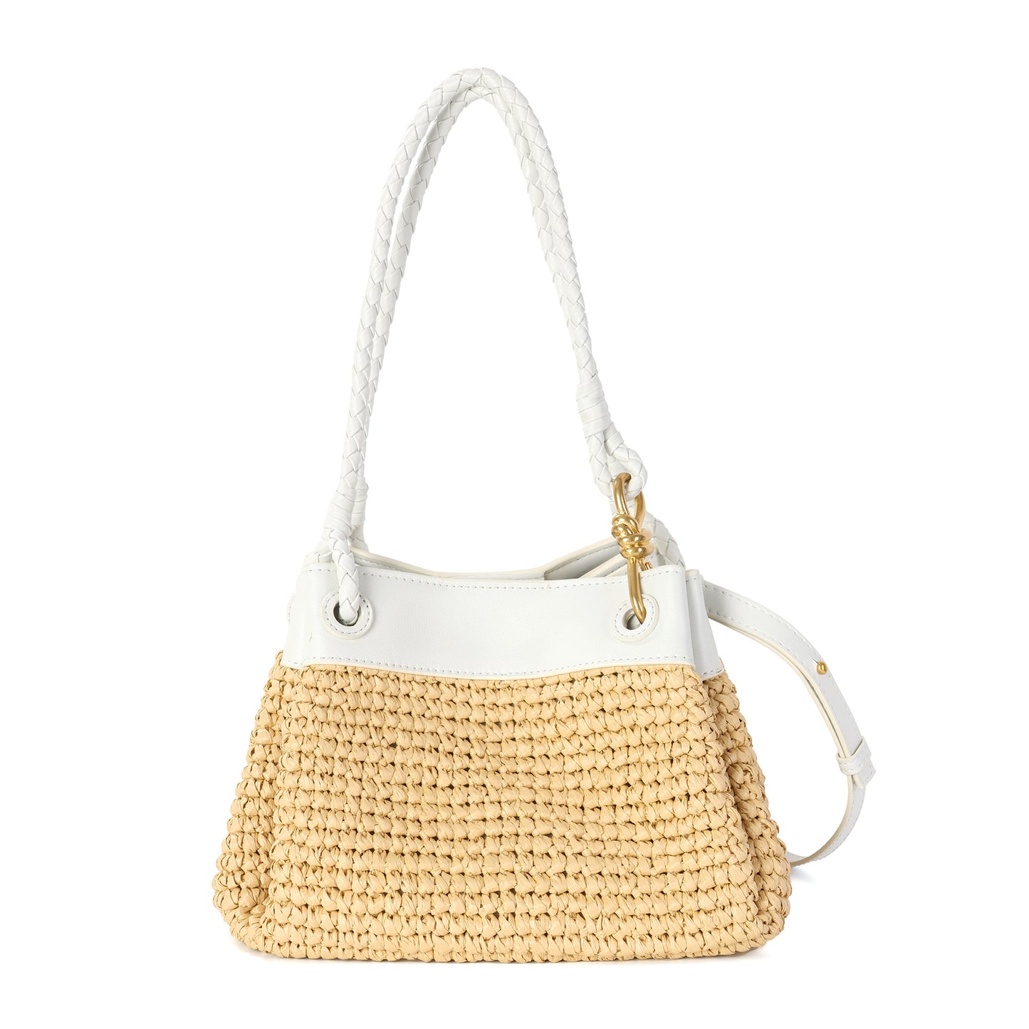 Woven Raffia & Leather Drawstring Shoulder Bag